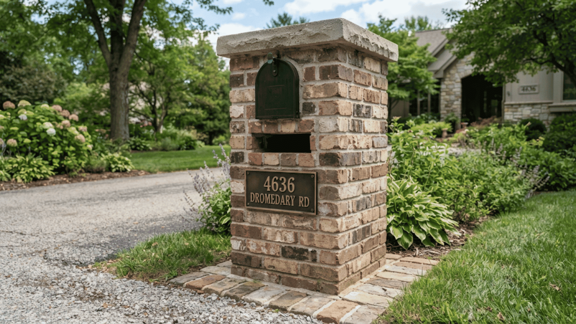 brick mailbox with mixed brick colors featuring stone cap address plaque and built in slot beside a landscaped drive