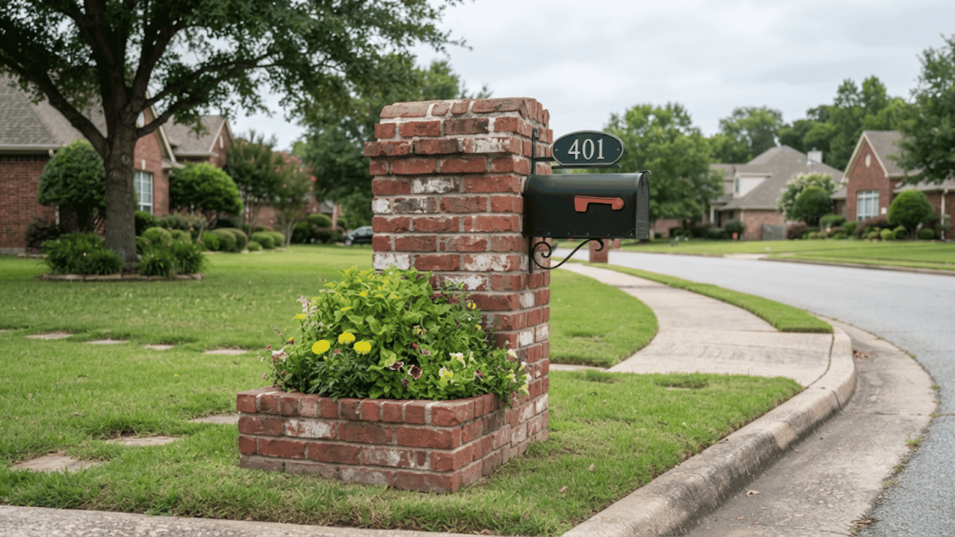 brick mailbox with planter filled with colorful flowers and a black mailbox beside a quiet suburban street