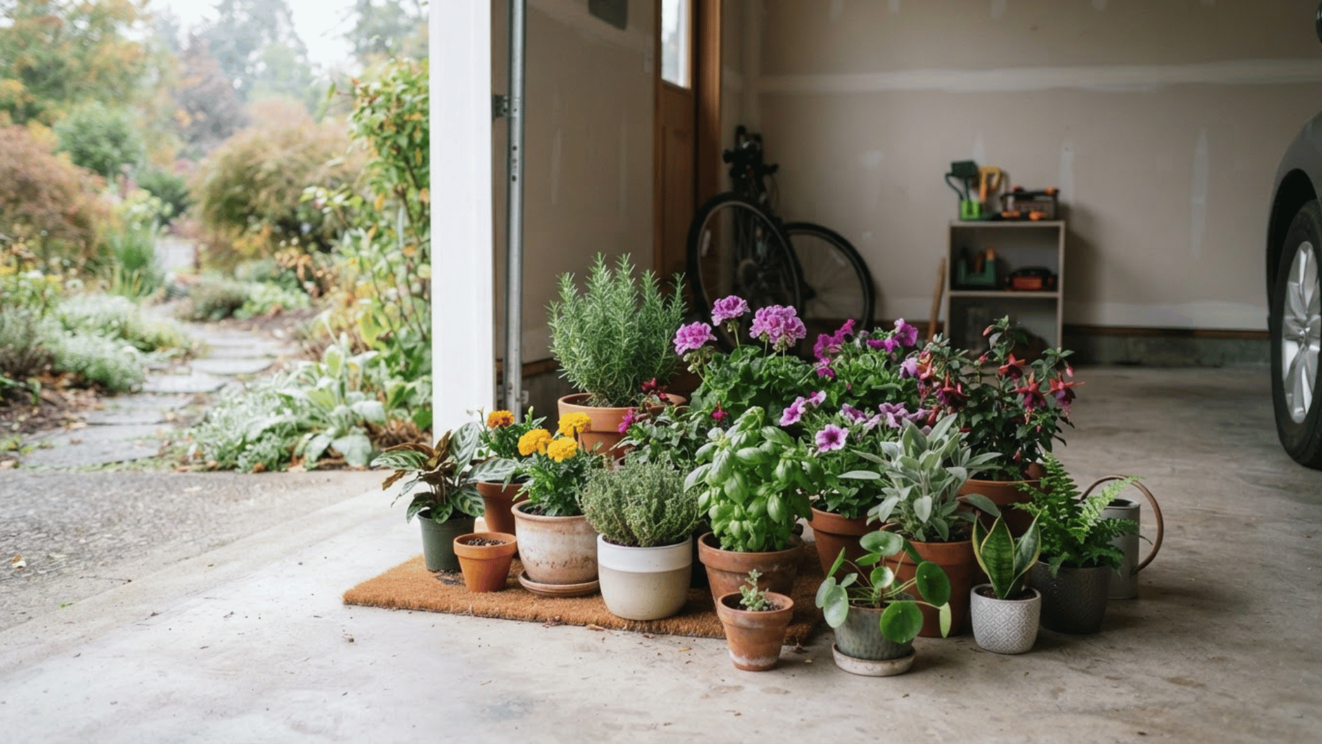potted herbs, flowers, and tropical plants grouped inside a garage for overnight frost protection