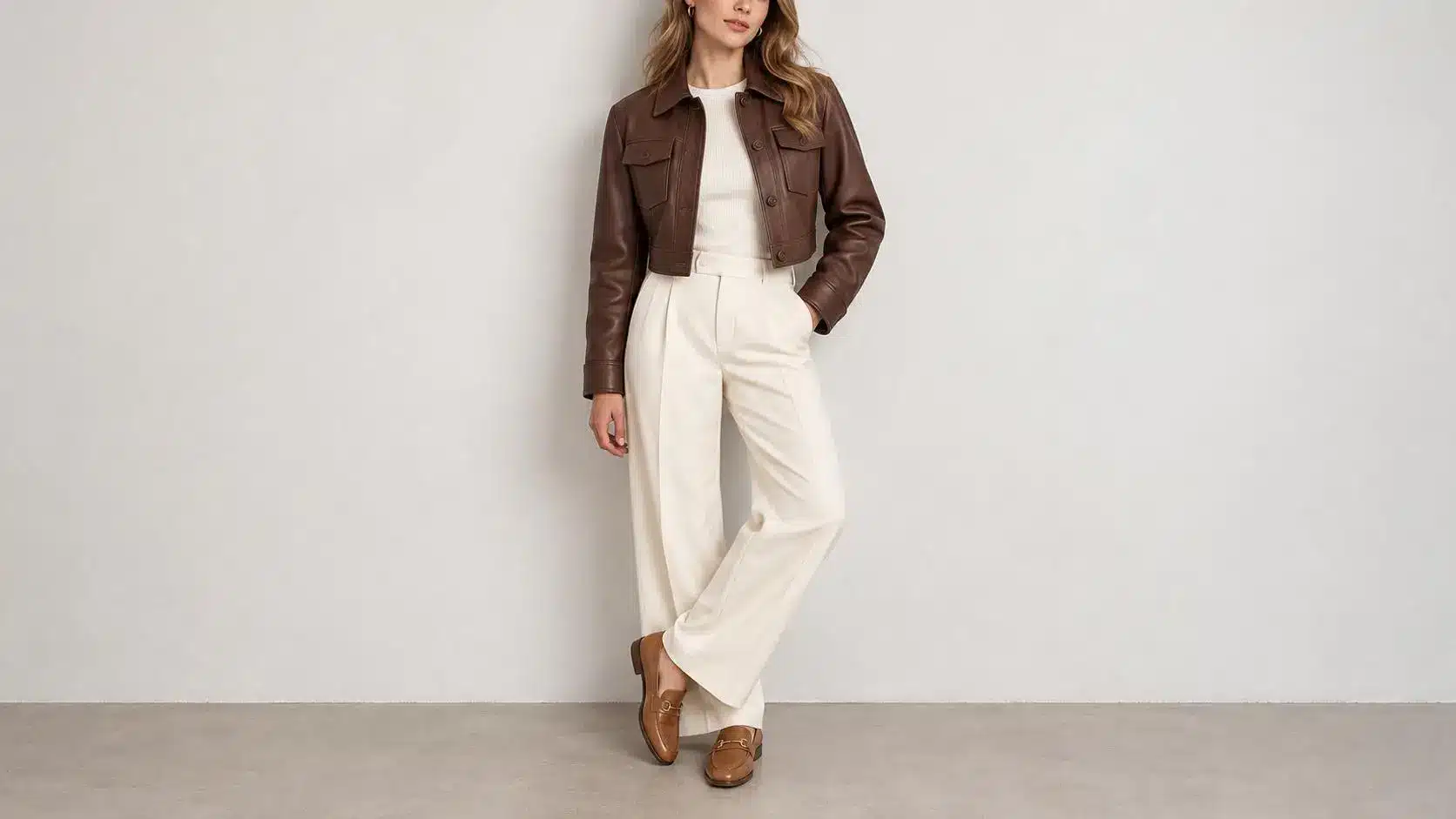 Woman wearing brown leather jacket and cream trousers standing against plain background