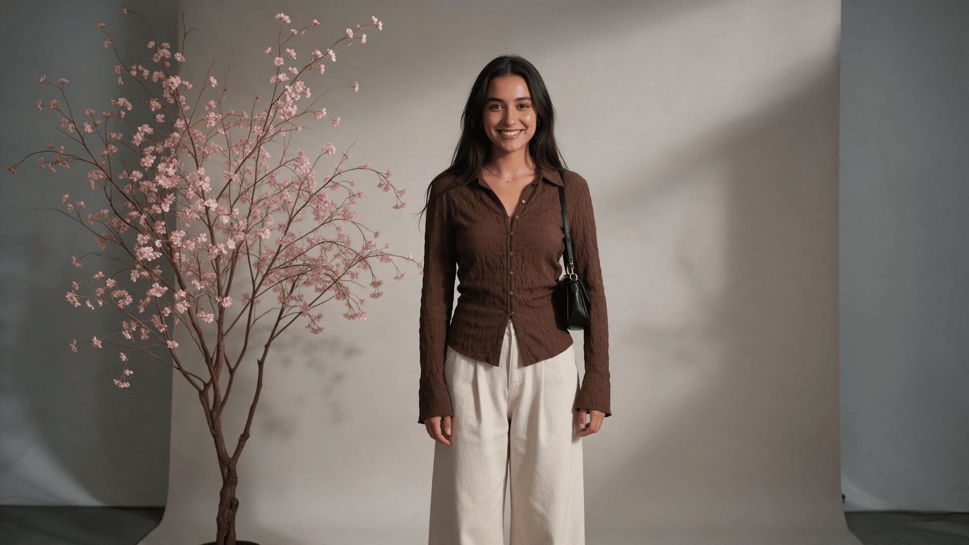 woman wearing a brown button down shirt with cream wide leg pants and black shoulder bag beside pink blossoms