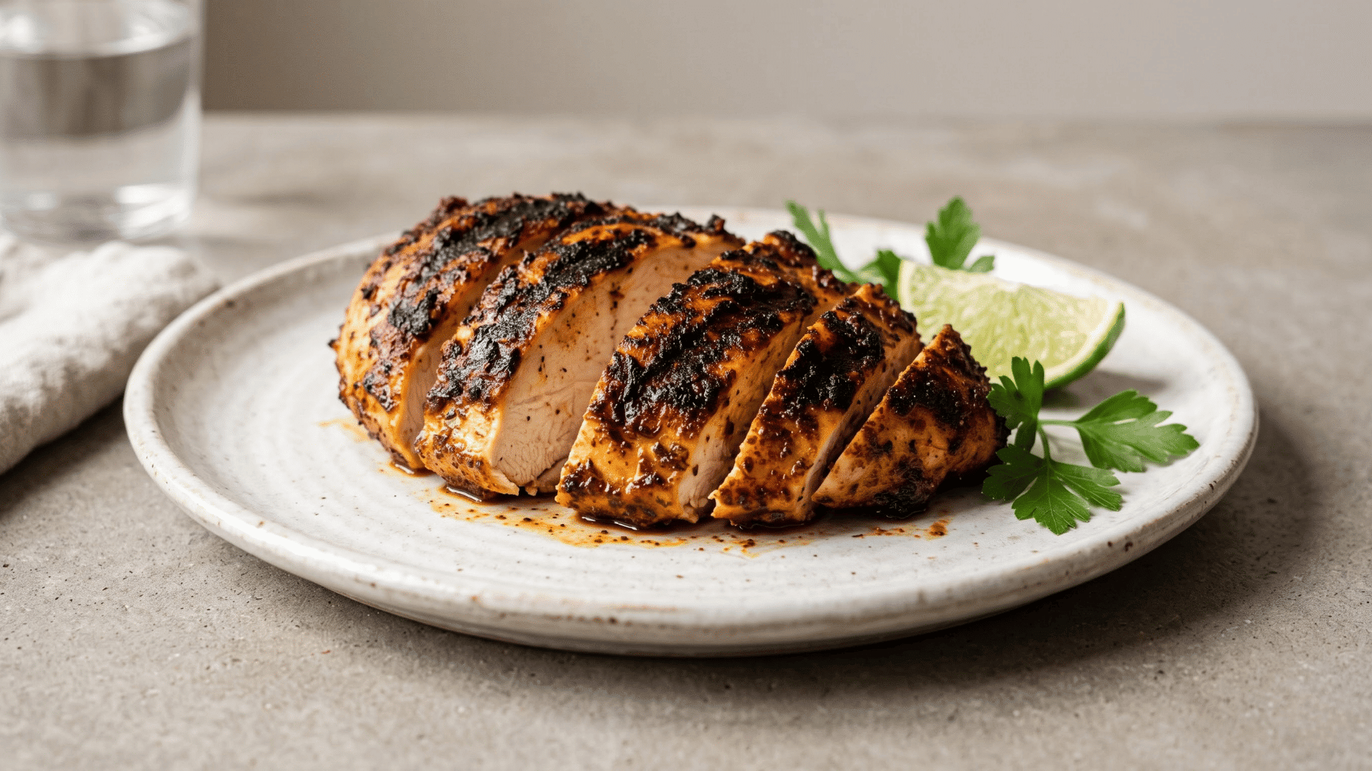 cajun grilled chicken breast with a bold spiced crust and smoky grill marks served with simple barbecue sides