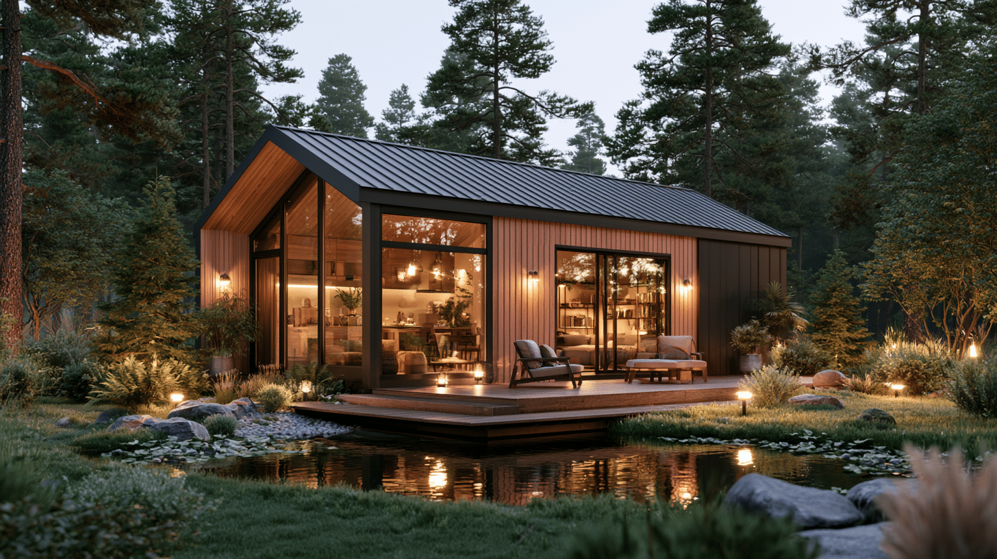 Modern cabin with glass facade surrounded by trees and garden, reflecting in serene pond at dusk
