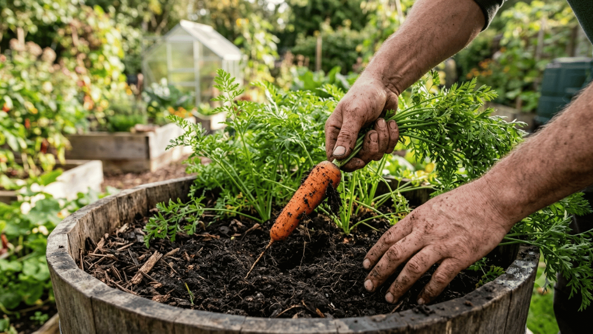 A person harvesting a fresh carrot from dark soil in a raised garden bed, with lush green carrot tops and a greenhouse visible in the background.