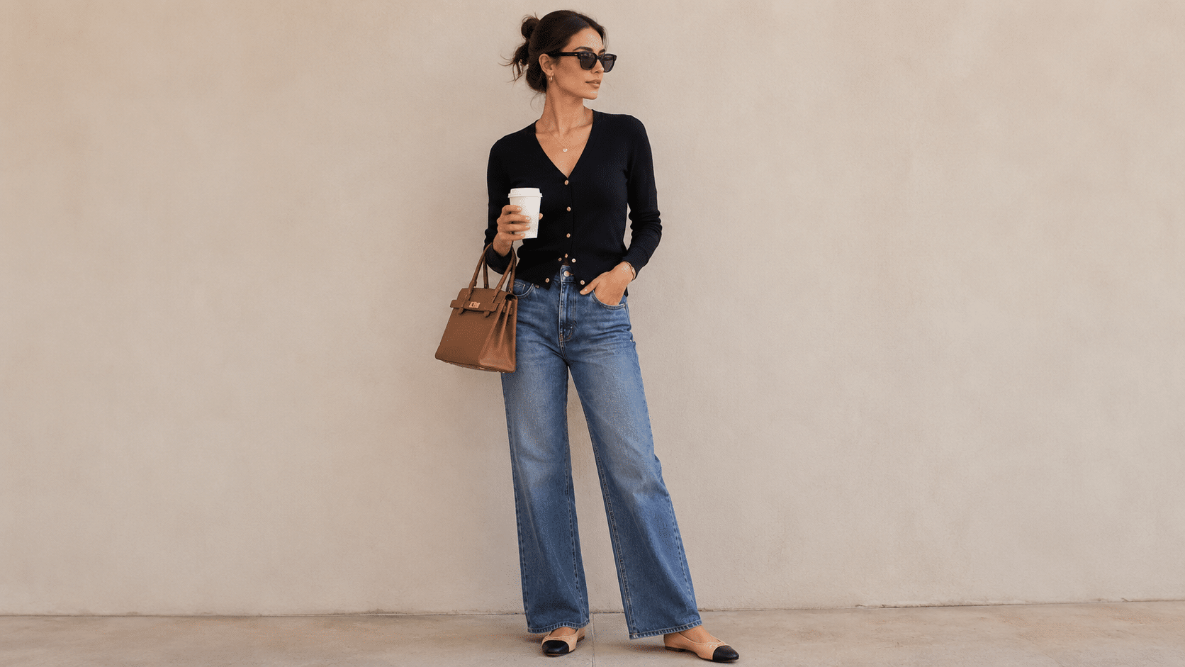 black cardigan with straight leg jeans coffee cup and handbag for a polished casual outfit style