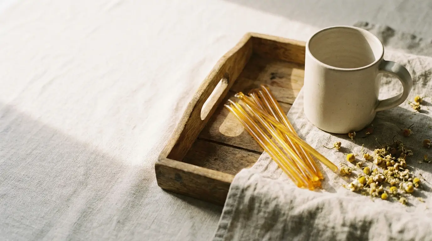 Ceramic mug and honey sticks on wooden tray with dried chamomile flowers, in soft daylight