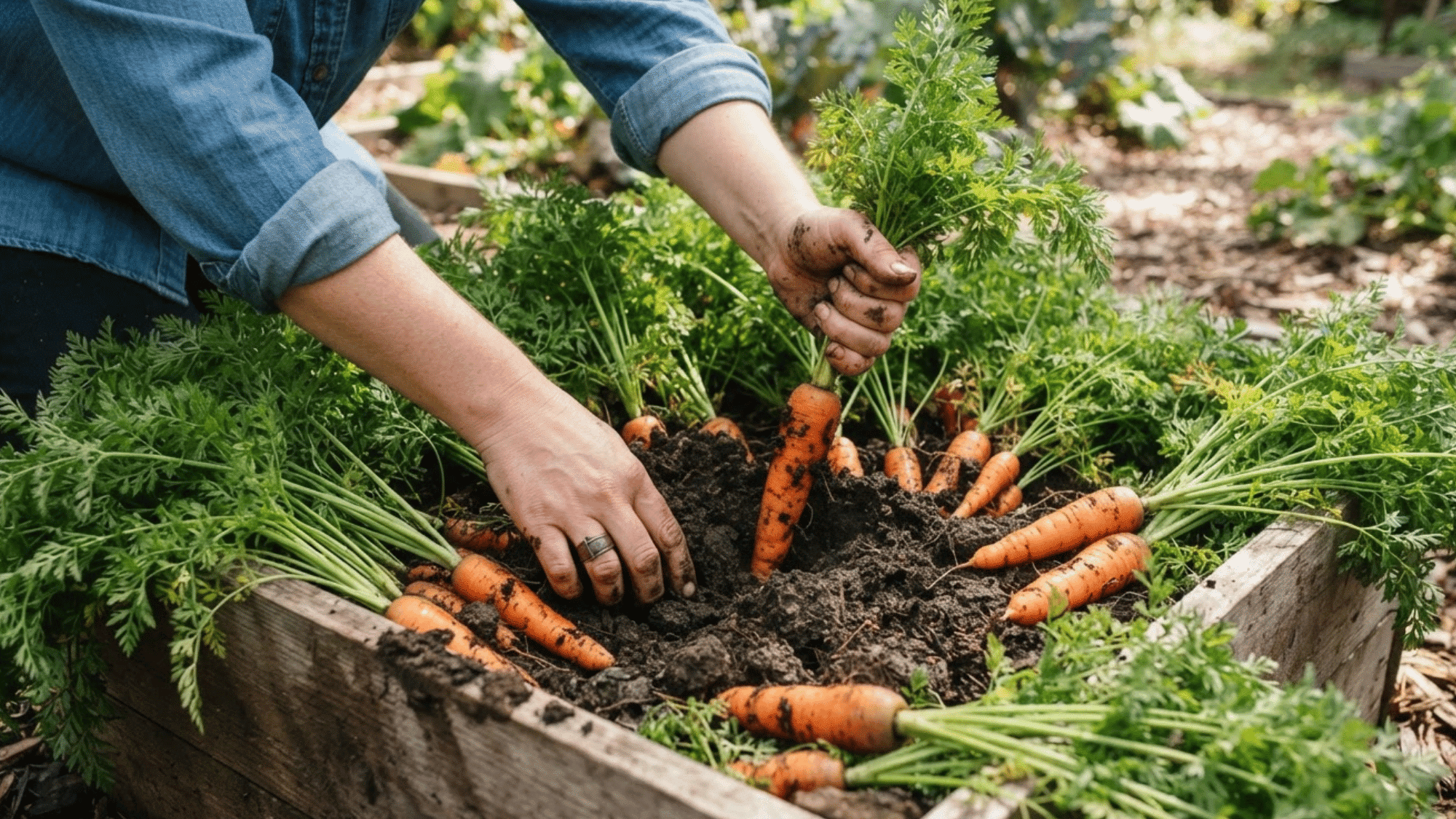 carrots growing in a container with leafy green tops emerging from the soil in a home garden setting