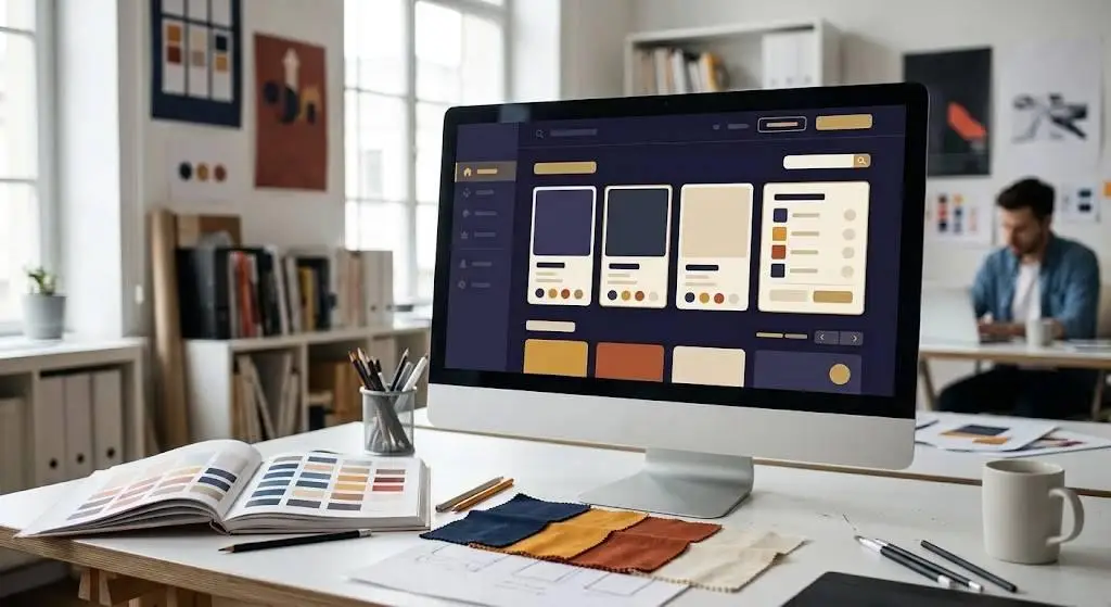 Computer monitor displaying design mockups on desk in bright office with mood board and color swatches