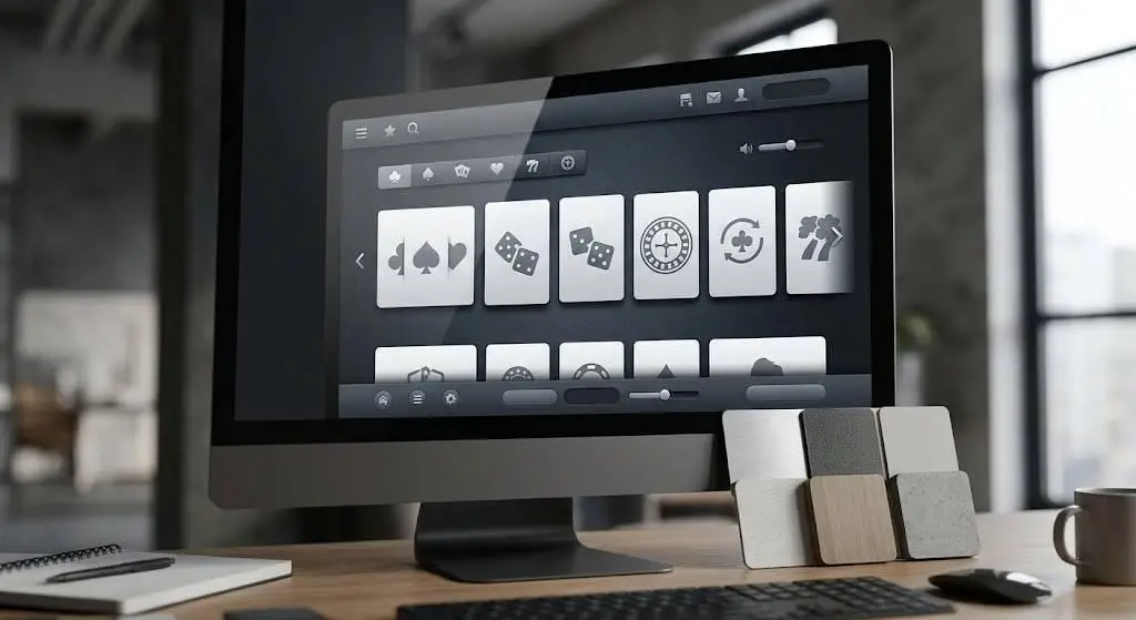 Computer displaying game icons on screen in modern office setting with light color samples nearby