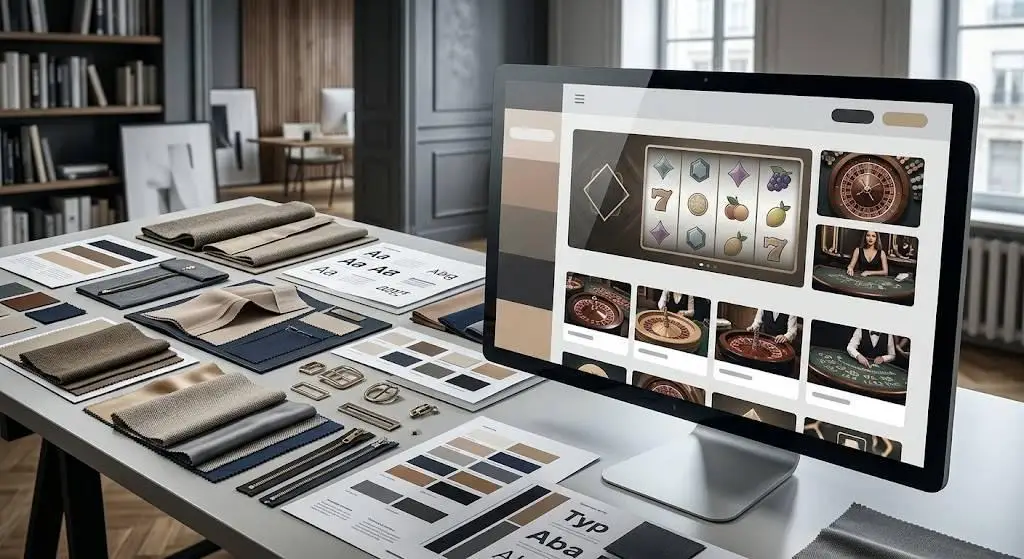 Design mood board with fabric swatches and color samples on desk next to computer displaying casino game graphics