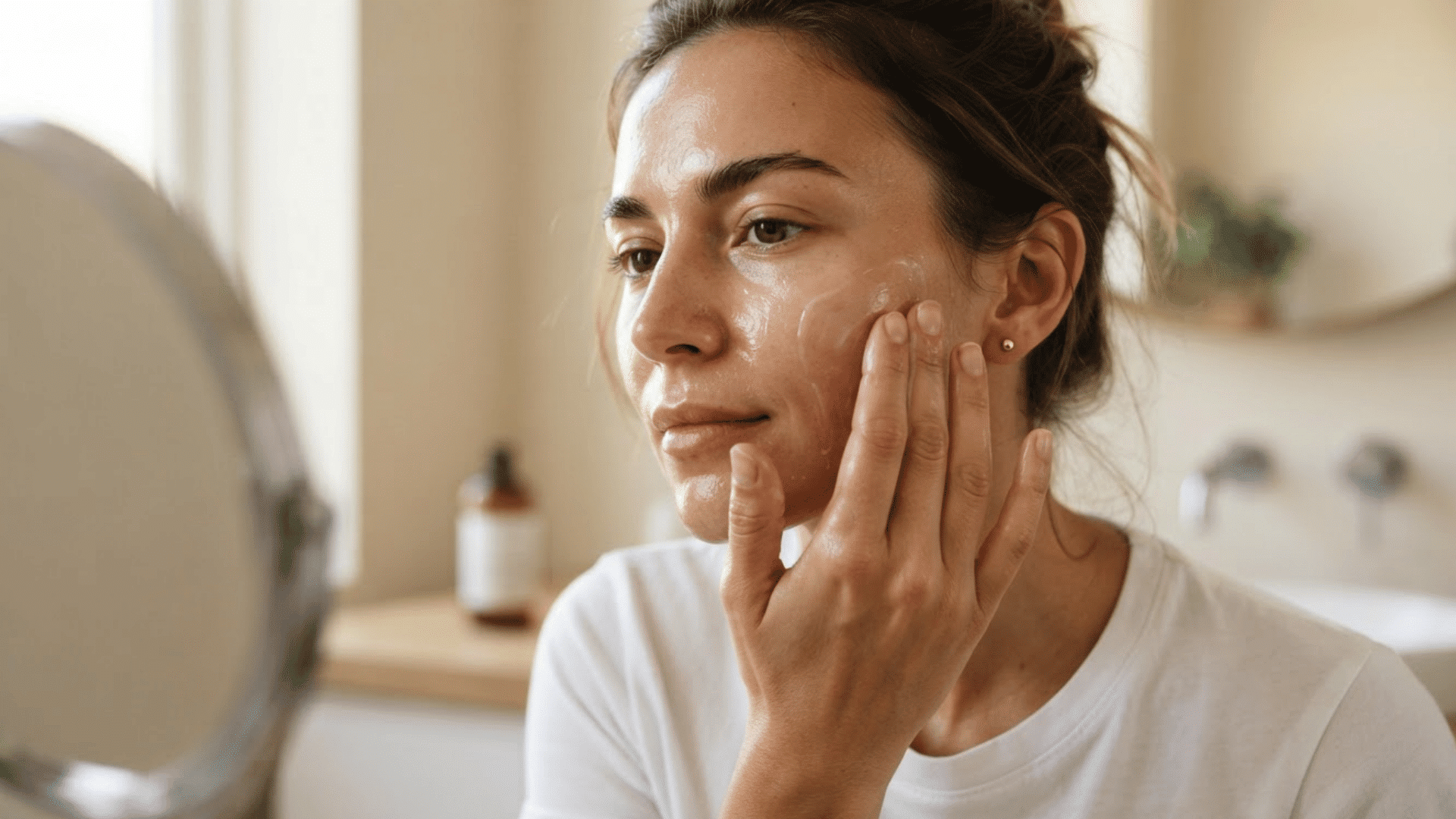 woman applying lightweight chemical sunscreen to her face in front of a mirror in a bright neutral bathroom
