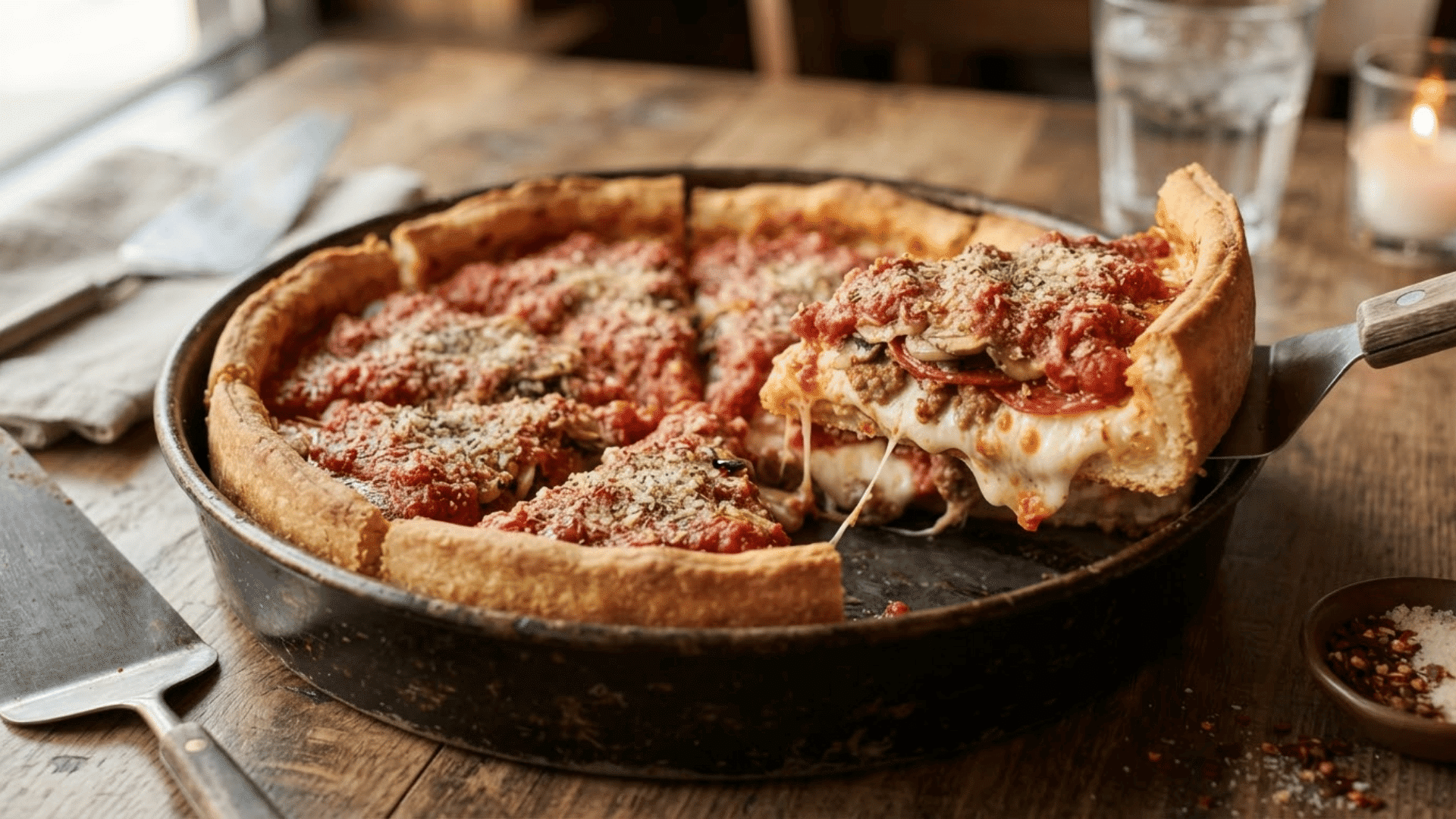 chicago deep dish pizza filled with melted cheese pepperoni sausage mushrooms and rich tomato sauce