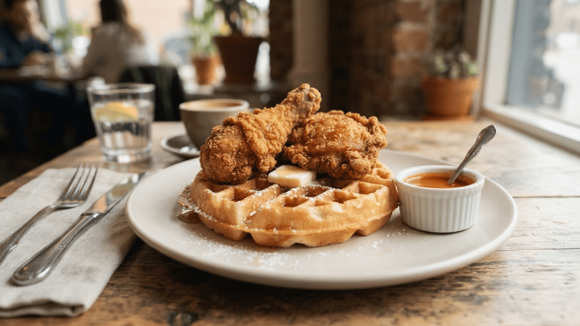 crispy fried chicken served over a golden waffle with butter powdered sugar and maple syrup