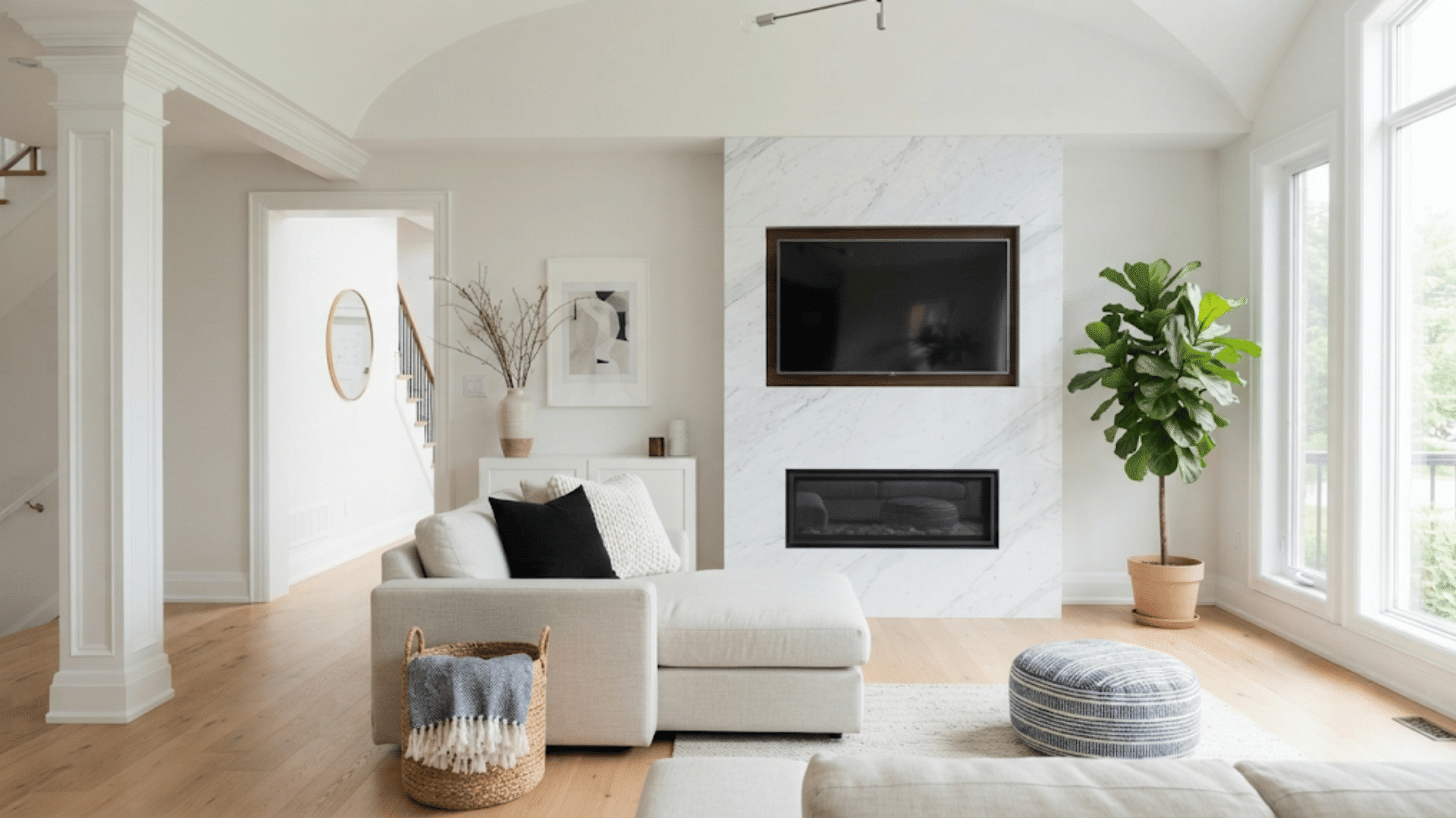 light wall colors brighten a modern living room with white walls natural wood floors and soft neutral furniture