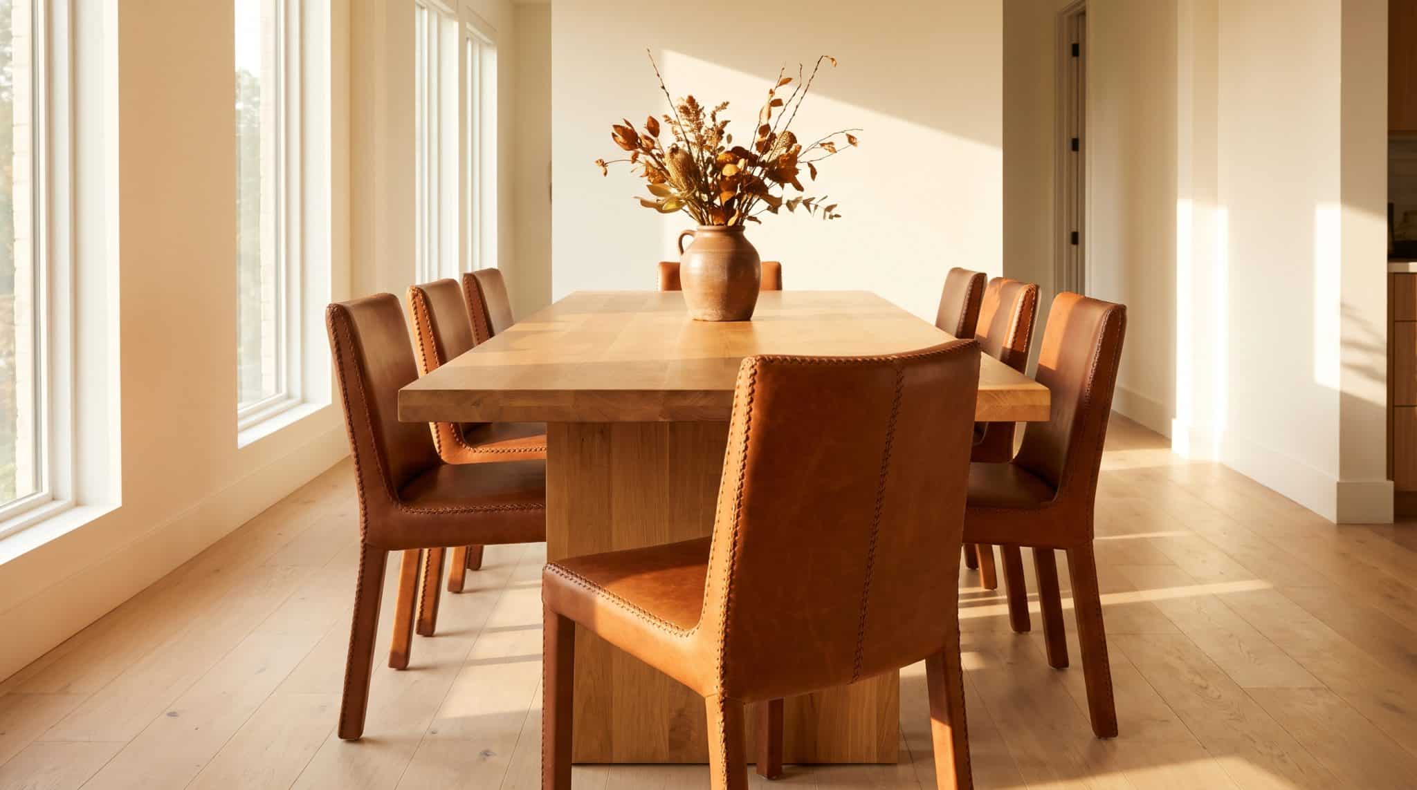 Wooden dining table with leather chairs and vase of dried flowers in sunlit room