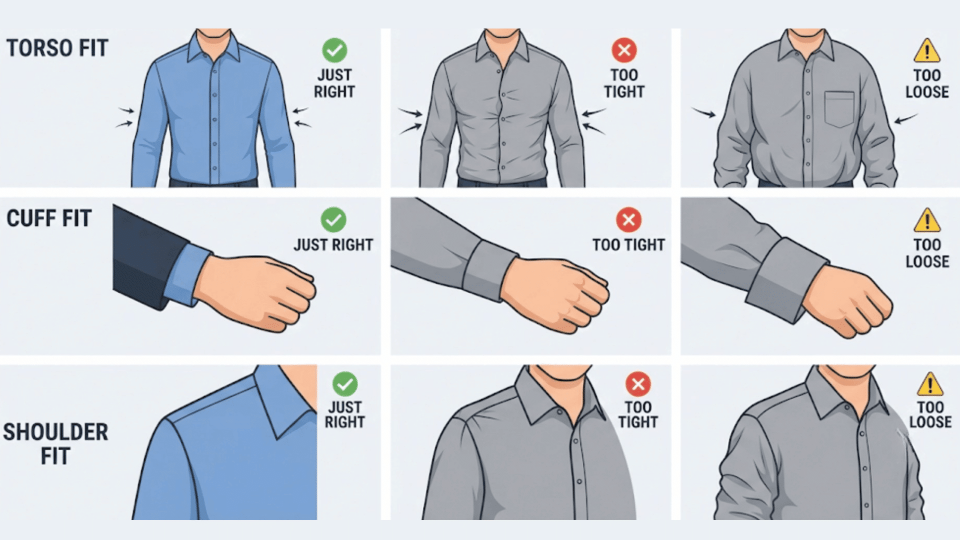 choose the right shirt with proper collar shoulder sleeve torso and shirt length measurements for a clean comfortable fit