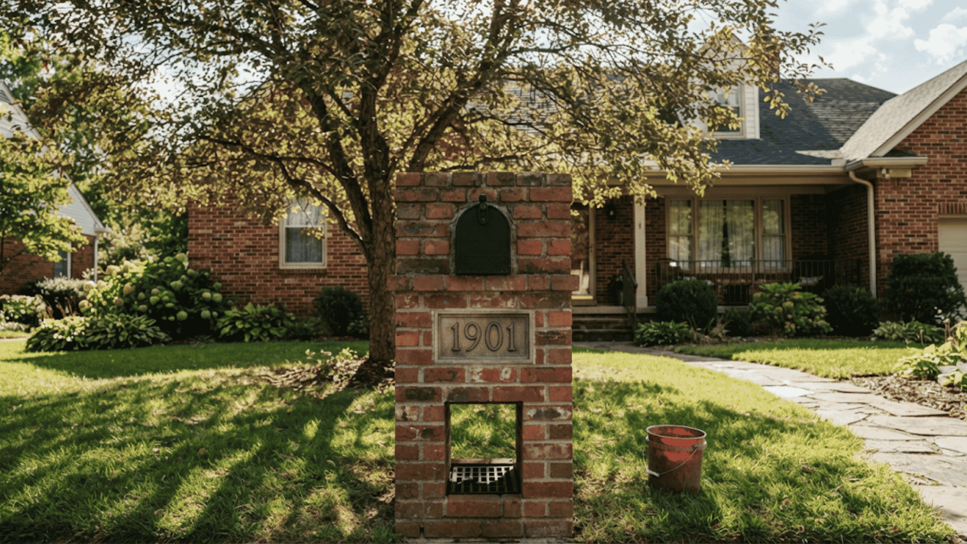 classic red brick mailbox with house number set on a green front lawn beside a traditional brick home