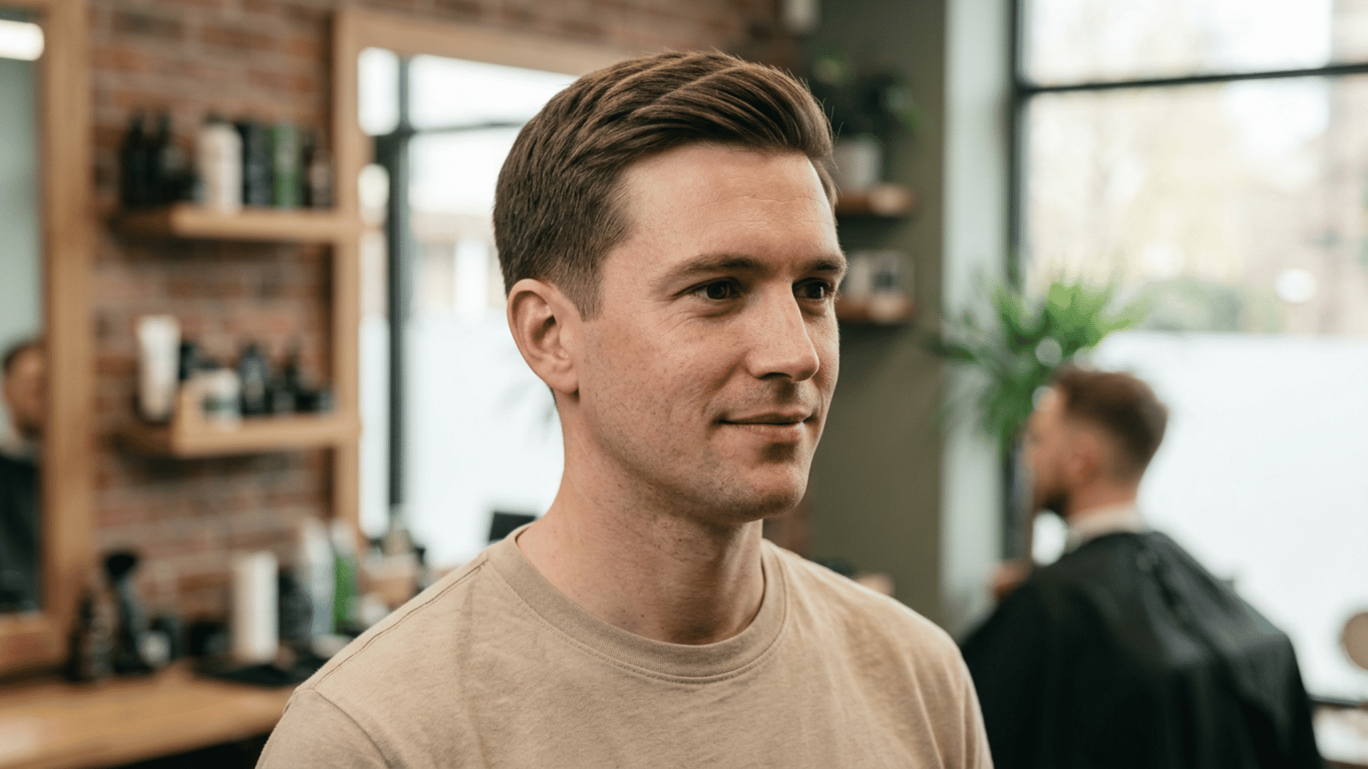 man with a classic side swept crew cut featuring a textured top and neatly tapered sides in a barbershop