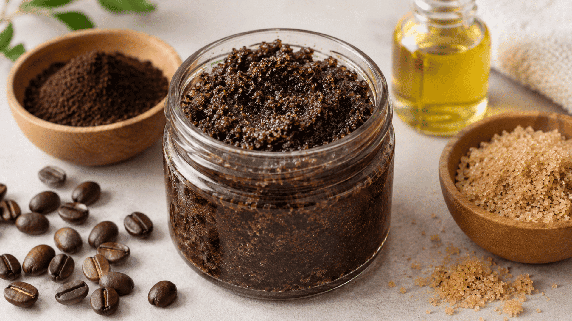 homemade coffee body scrub made with ground coffee brown sugar and oil displayed in a glass jar