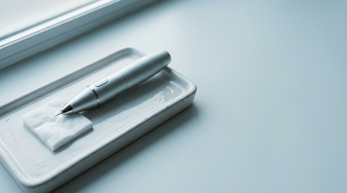 Silver microneedling pen on white ceramic tray under soft daylight