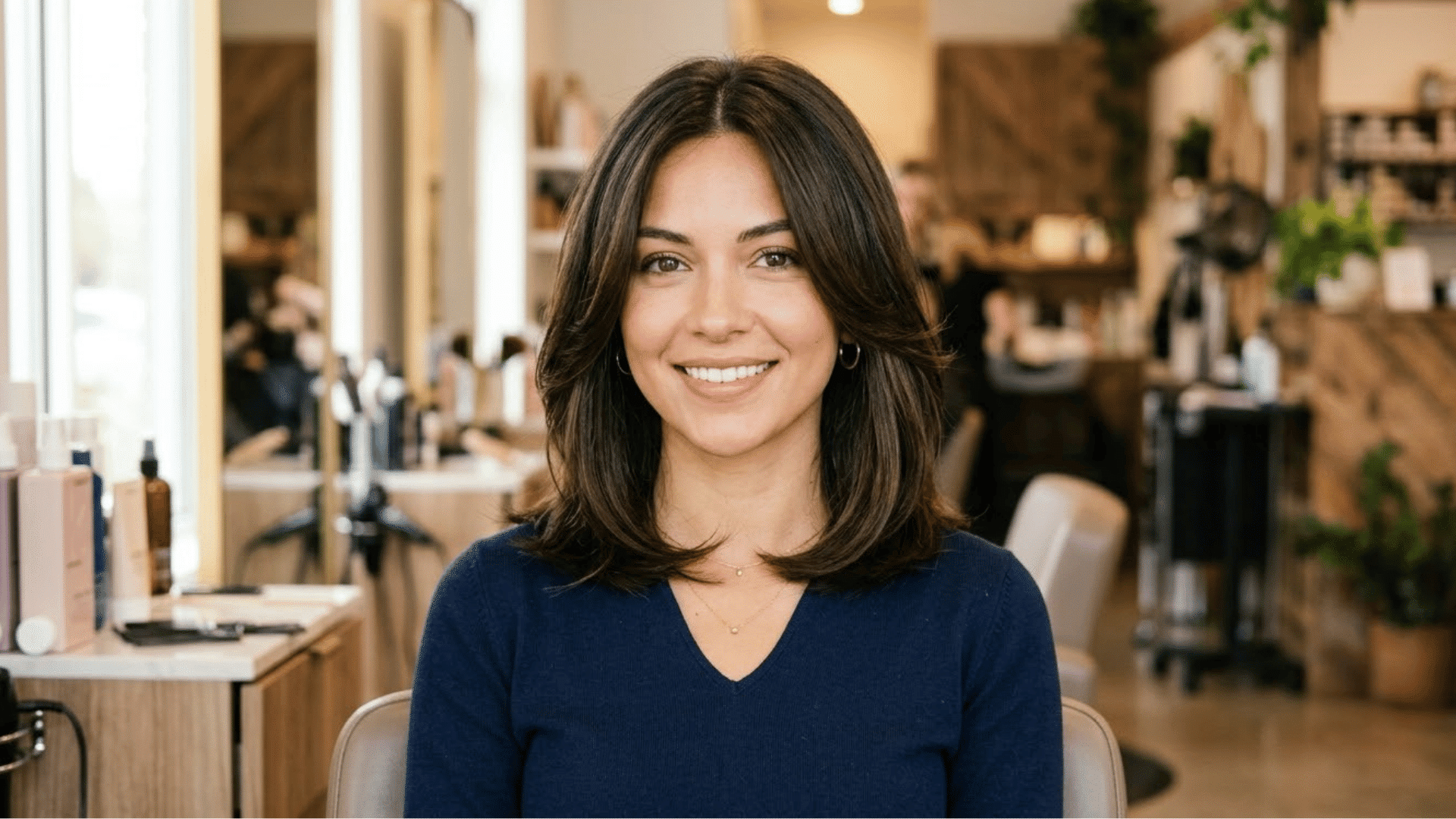 woman with heart shaped face wearing collarbone length layered haircut
