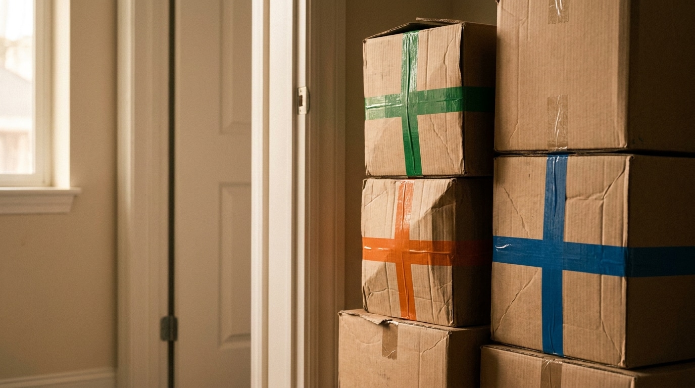 Stacked cardboard boxes with colorful tape in a softly lit room