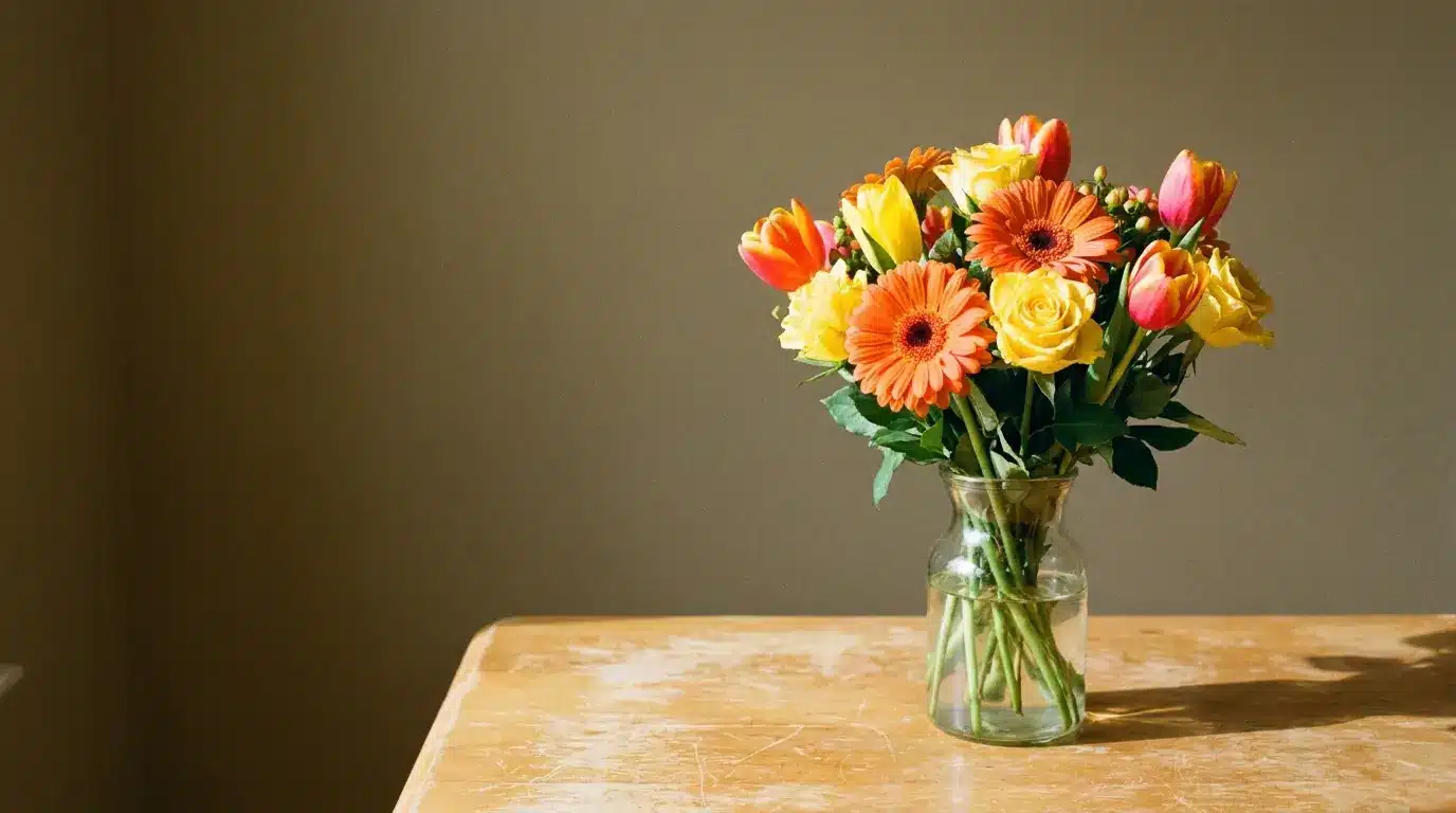 Vibrant bouquet of orange, yellow, and pink flowers in a glass vase on wooden table