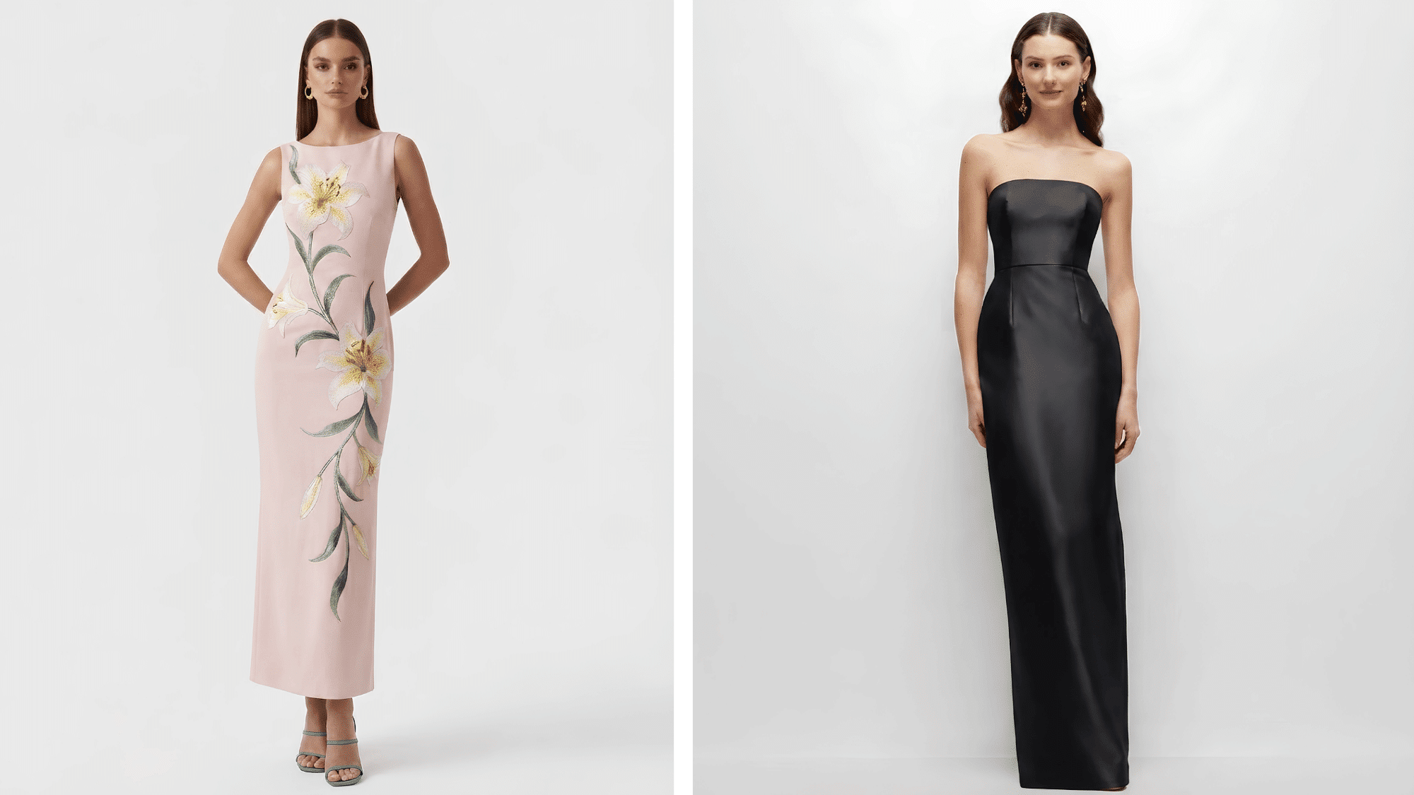 two women wearing different column dress styles with straight silhouettes
