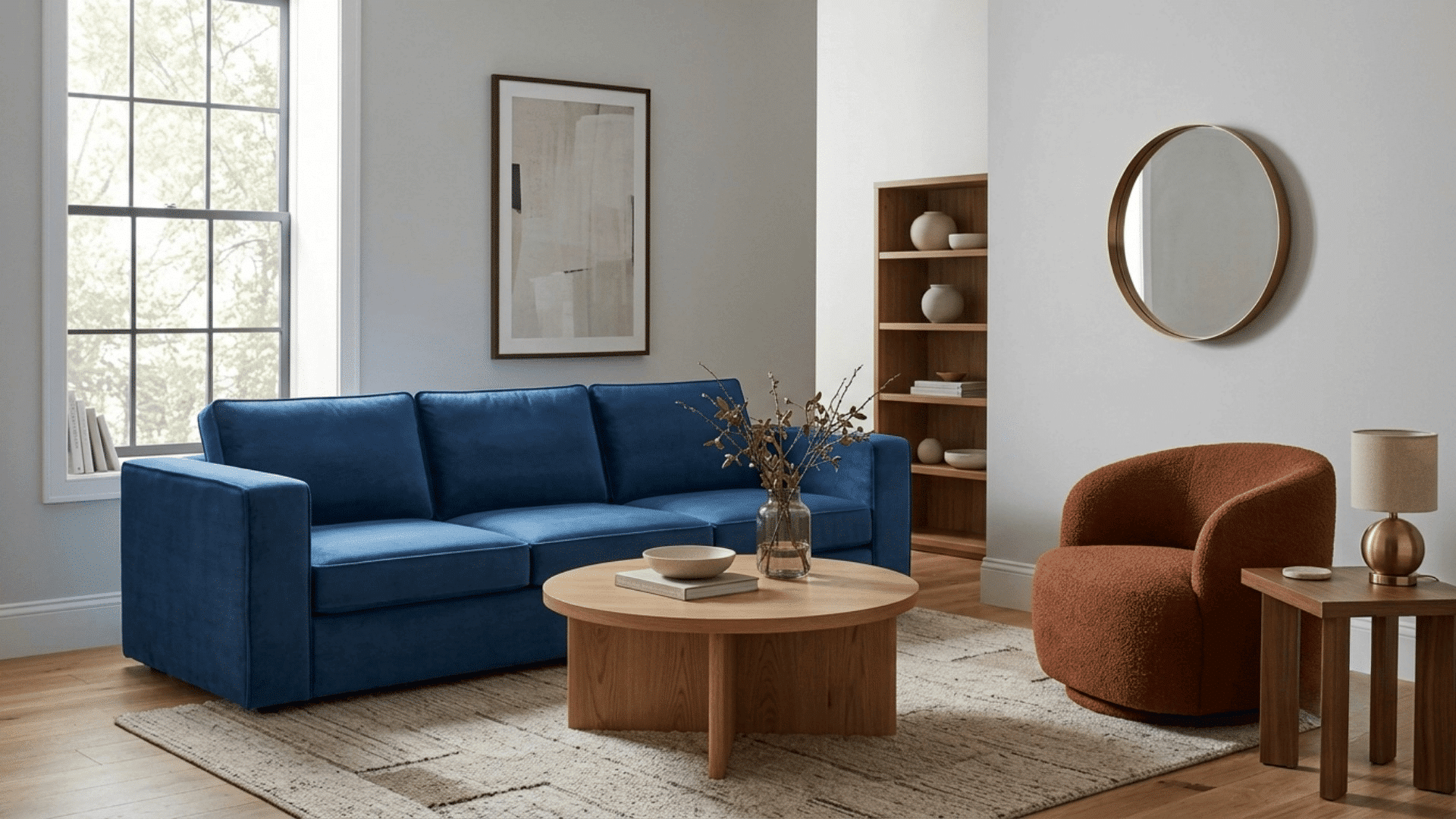 modern living room with blue sofa rust armchair round wooden coffee table large window bookshelf and round wall mirror