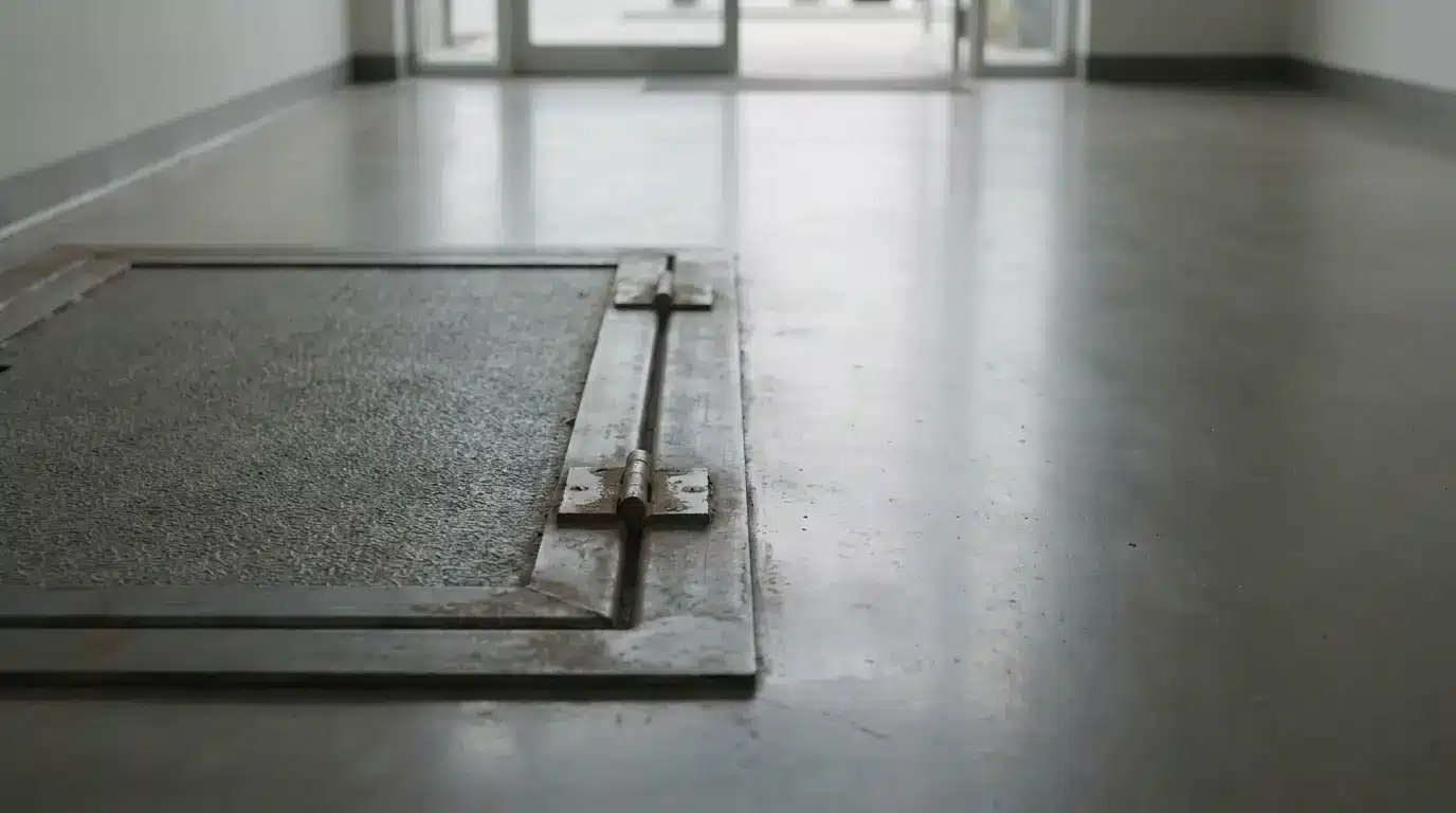 Metal trapdoor on smooth concrete floor in a bright, empty hallway