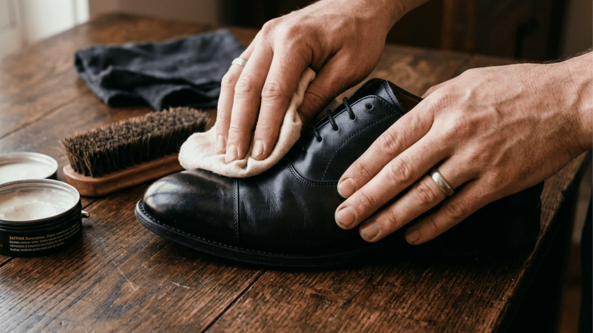 hands applying leather conditioner to a black leather shoe with a soft cloth on a wooden table