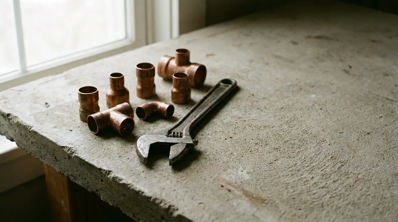 Copper pipe fittings and adjustable wrench on concrete surface near window