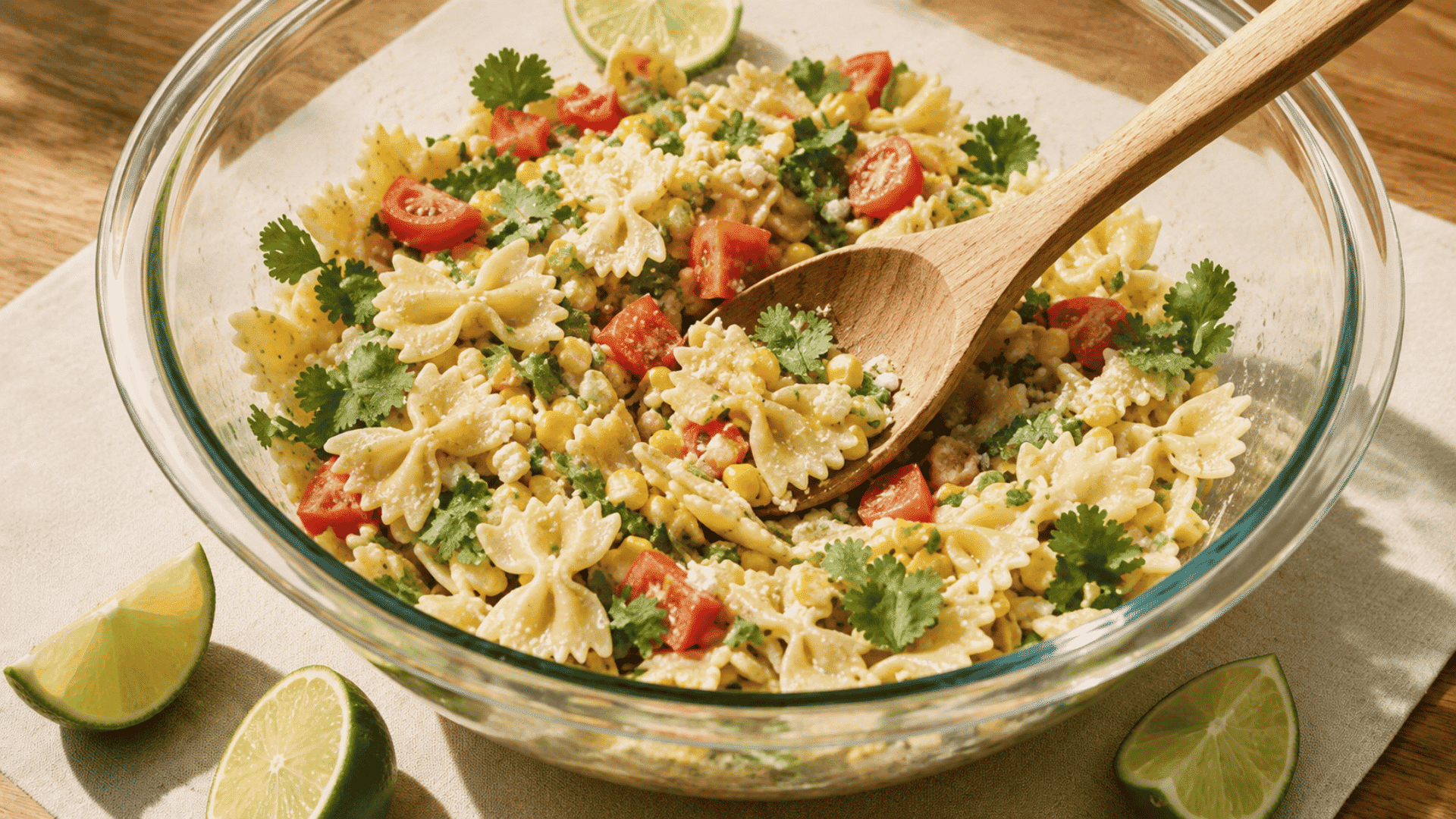 corn pasta salad with bowtie pasta tomatoes sweet corn cilantro cheese and lime in a glass bowl