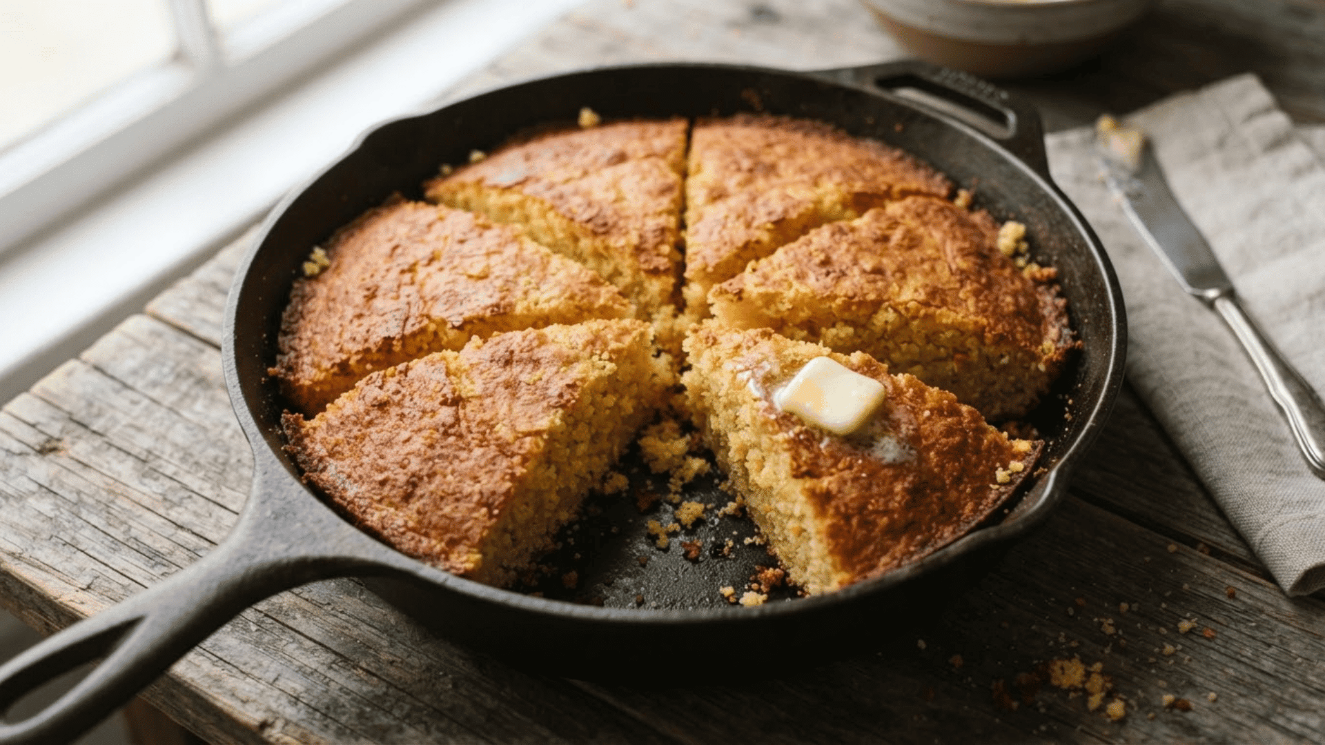 golden skillet cornbread cut into wedges with melting butter served on a rustic wooden table