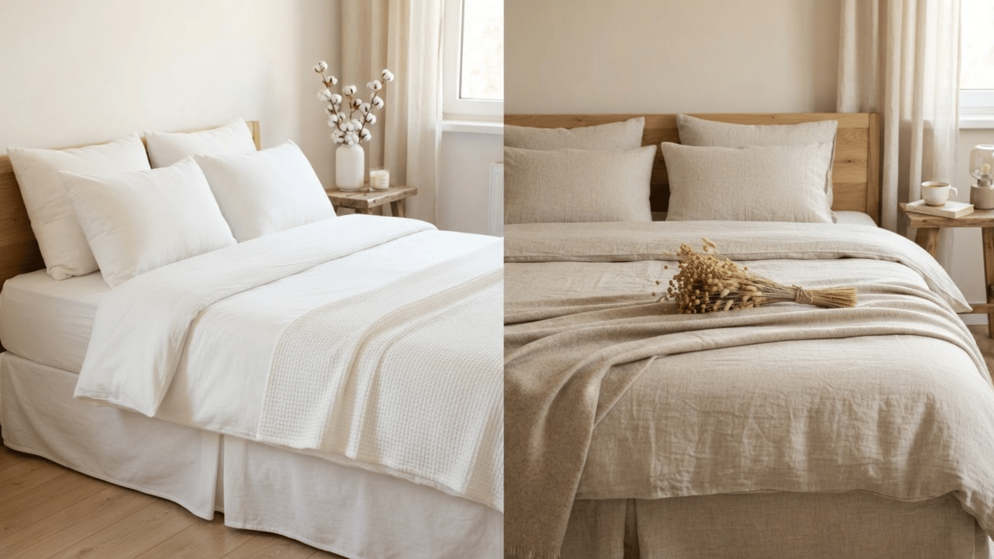 cotton and linen bedsheets arranged side by side showing their soft textures and breathable natural fabrics