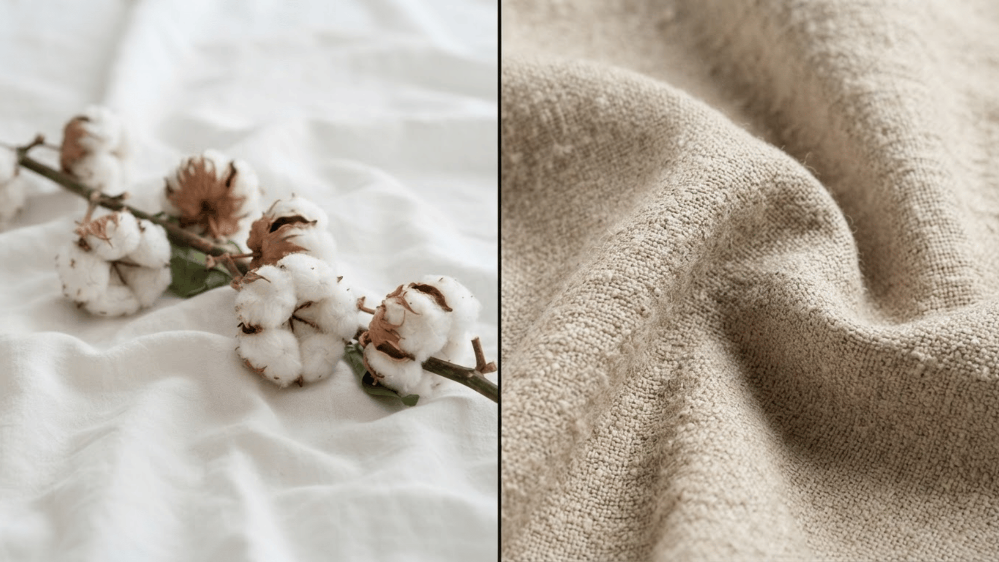 cotton vs linen split image showing cotton fabric and linen fabric side by side with contrasting textures and colors