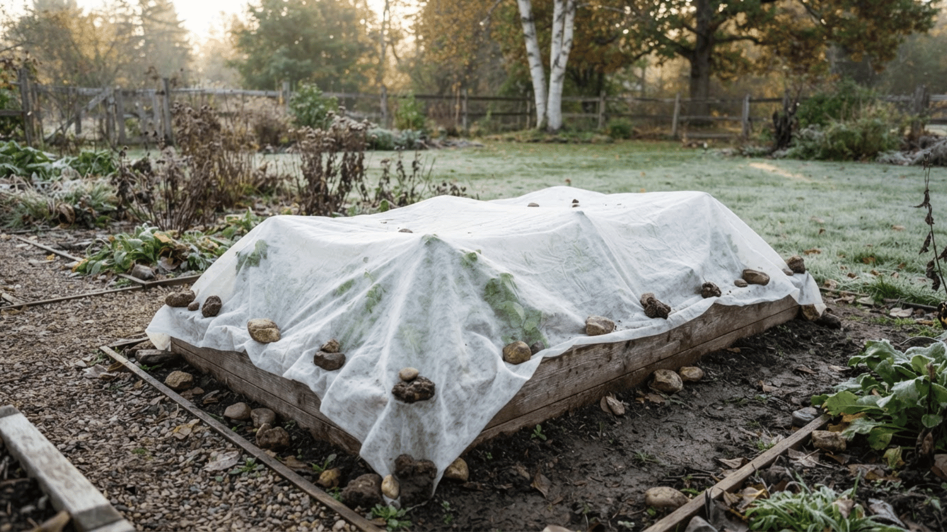 tender garden plants covered with white frost cloth secured near the ground for frost protection