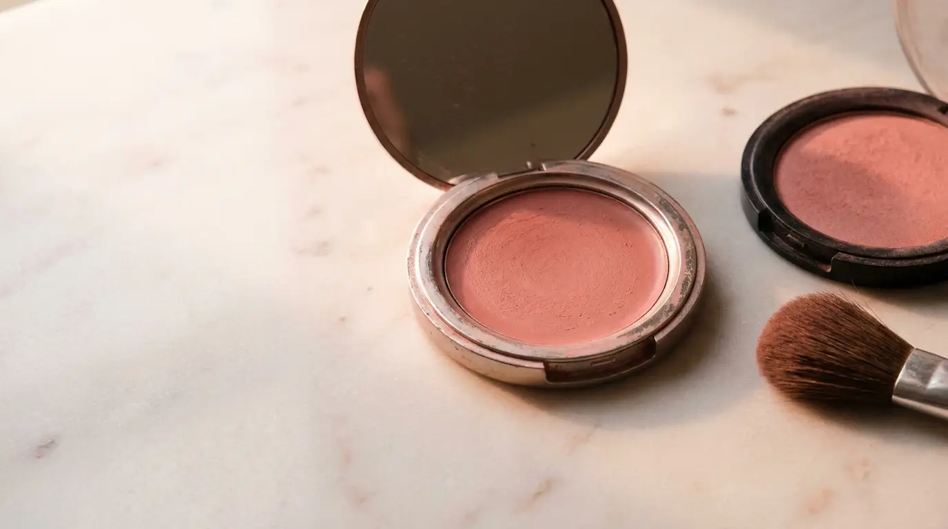 Open compact powder with blush and makeup brush on marble surface