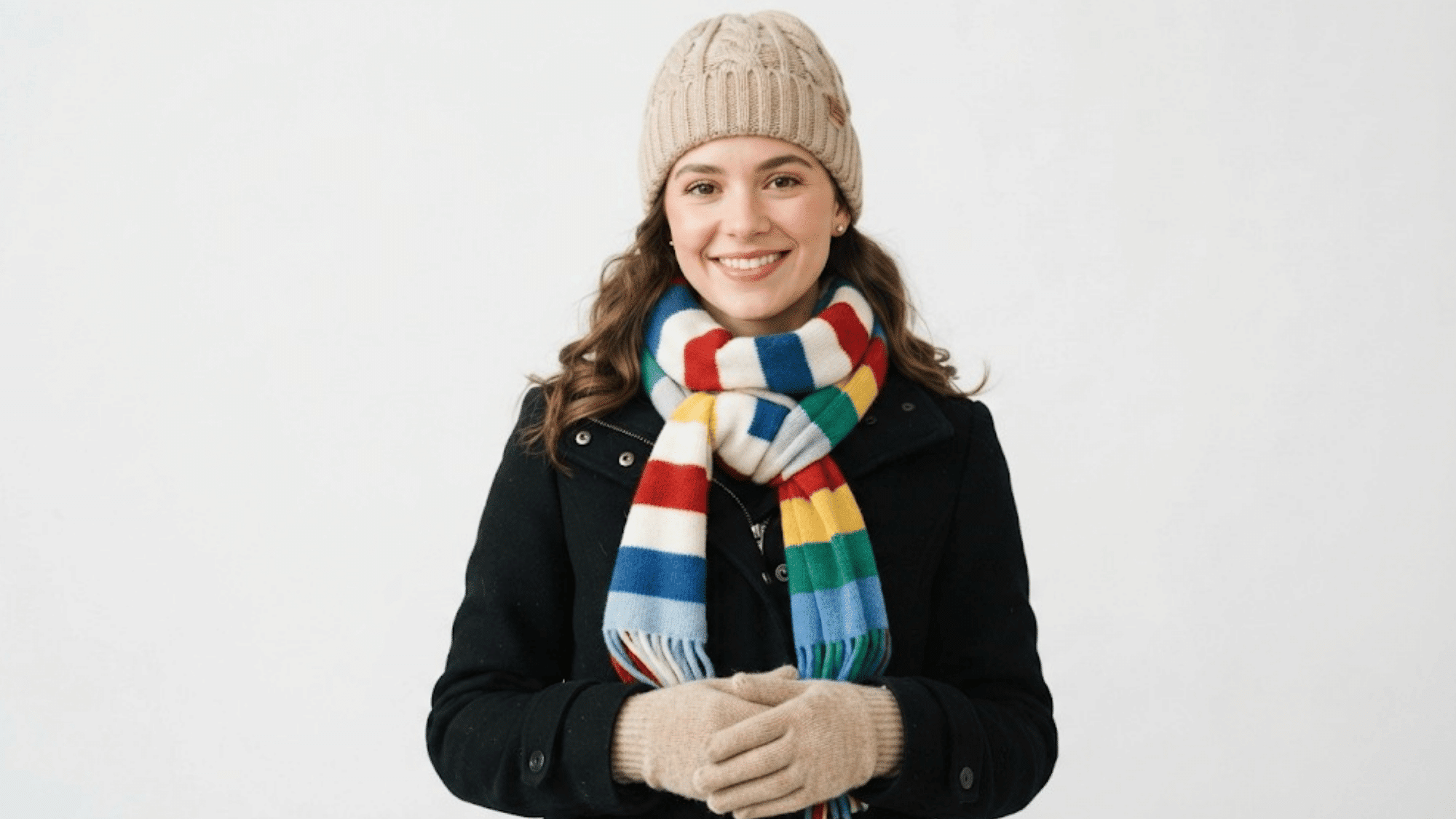 woman wearing a winter wrap scarf styled around her neck for a cozy and fashionable cold weather outfit