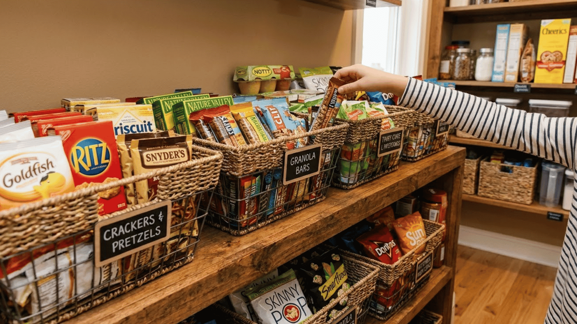 pantry snack zone with open bins holding crackers granola bars fruit cups and easy to reach snacks