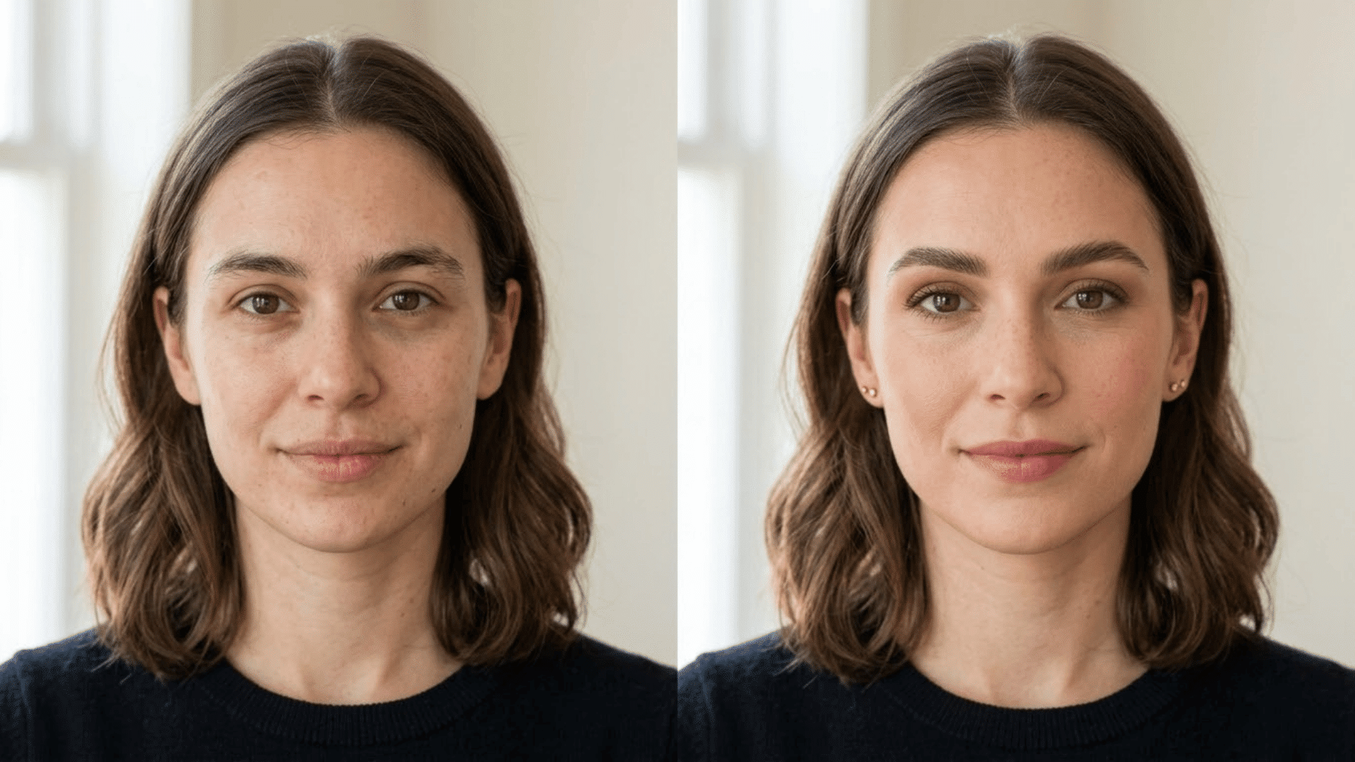 before and after portrait showing bare skin and a soft natural makeup look with blush mascara and nude lips