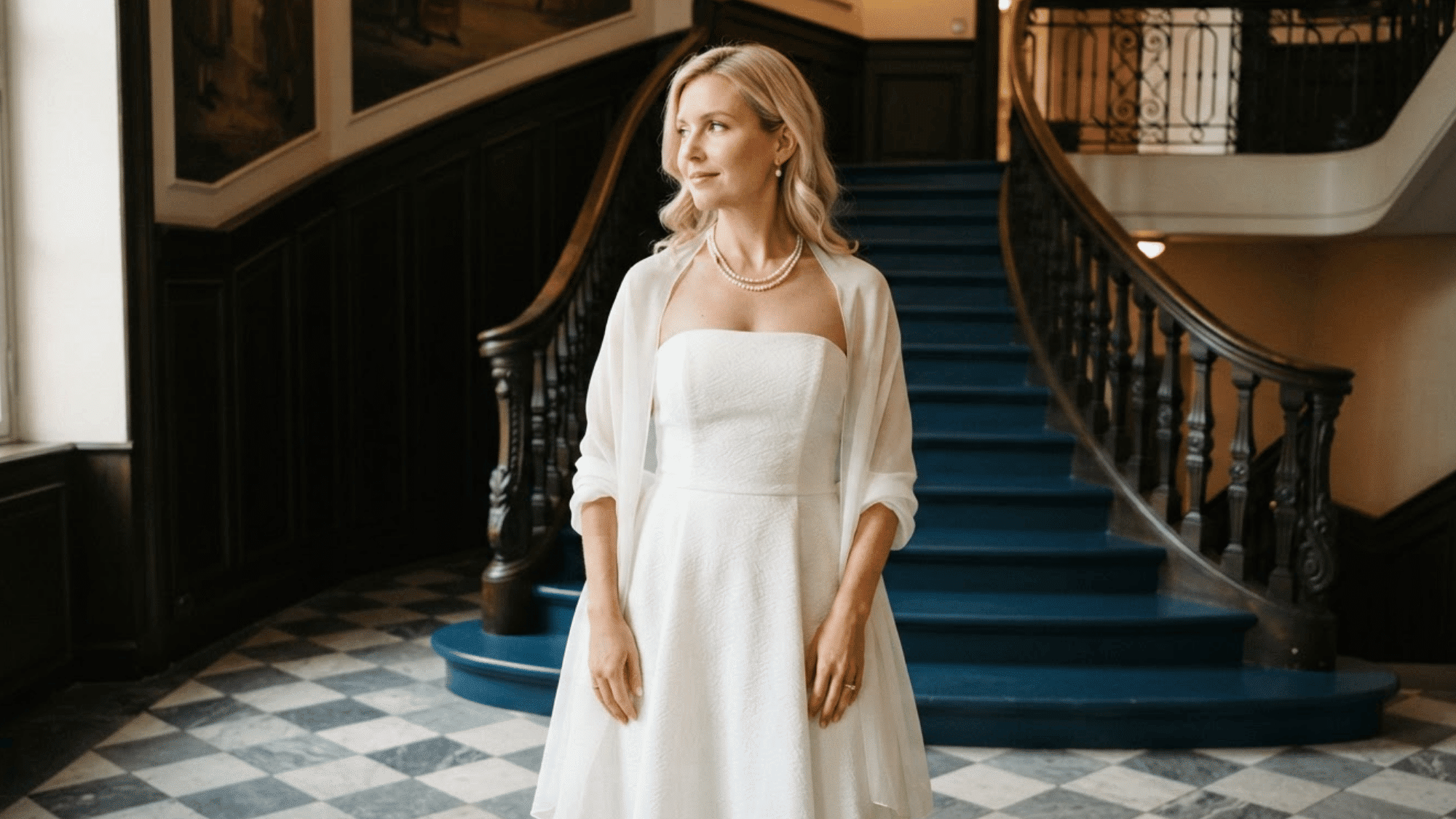scarf styled as an elegant evening drape over the shoulders for a sophisticated formal look