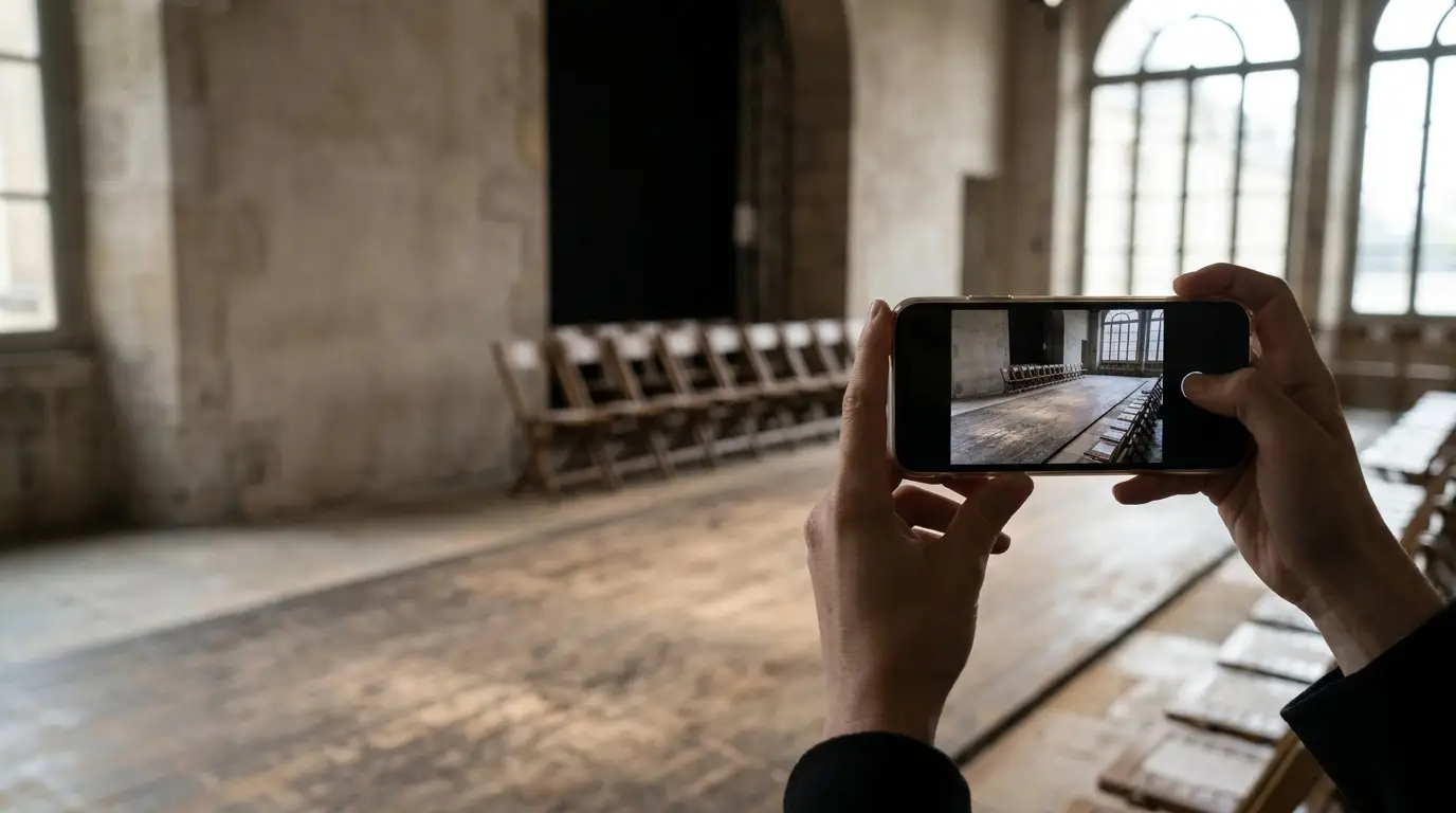 Hands holding smartphone capturing empty wooden chairs in large historic room with arched windows