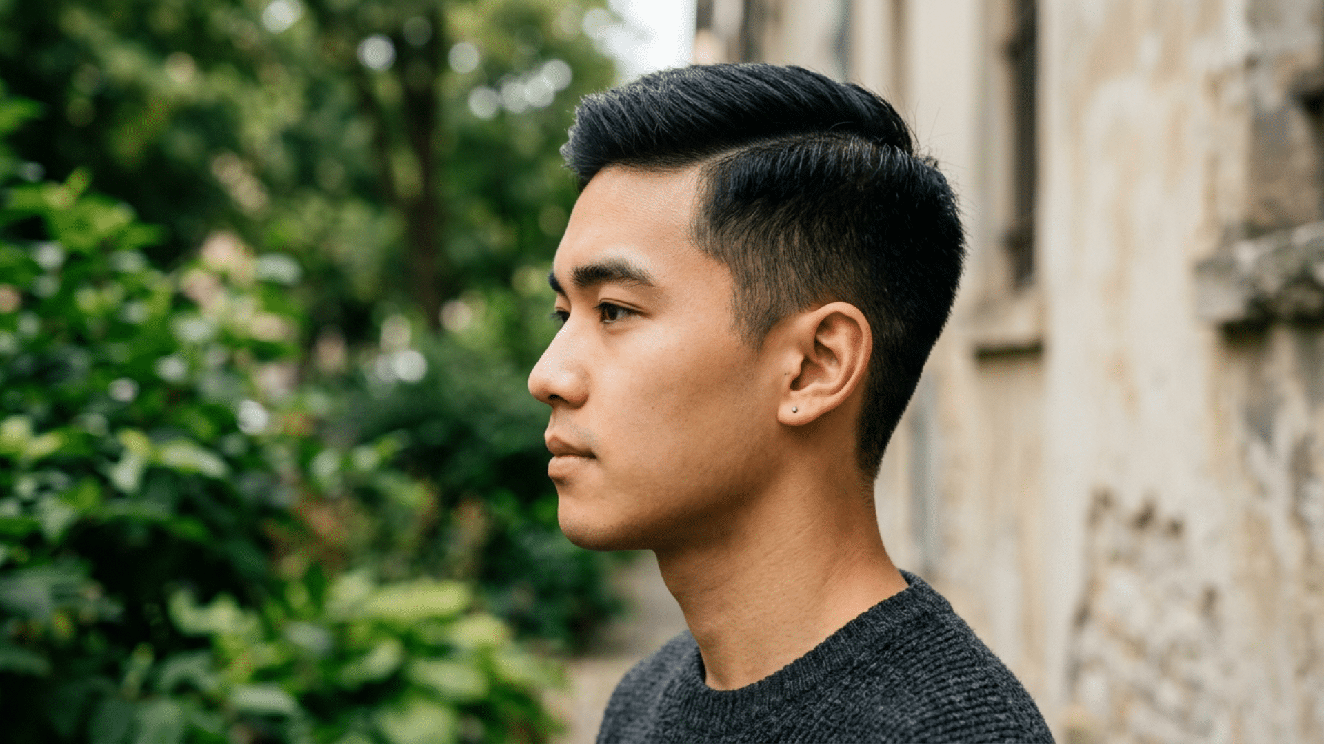 man in profile wearing a crew cut with side part featuring a neatly swept top and softly tapered short sides