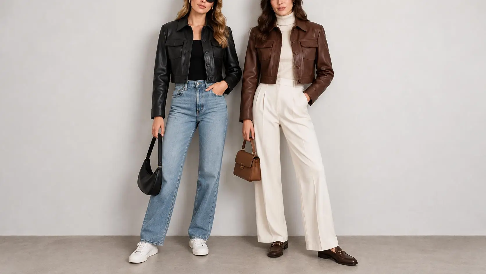 Two women wearing leather jackets and holding handbags in neutral-toned studio setting