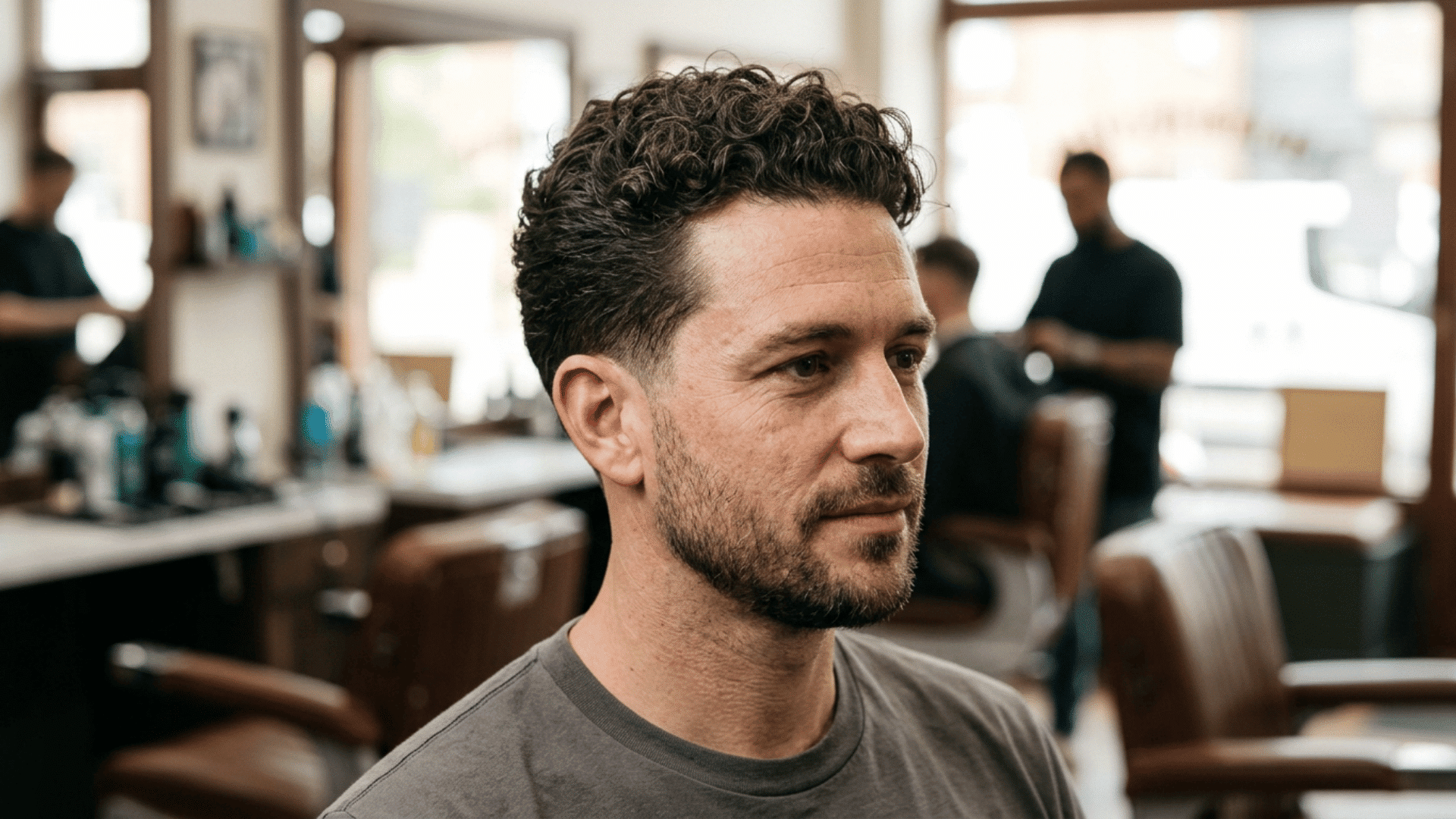 man with a curly crew cut showing defined natural curls on top and neatly tapered sides