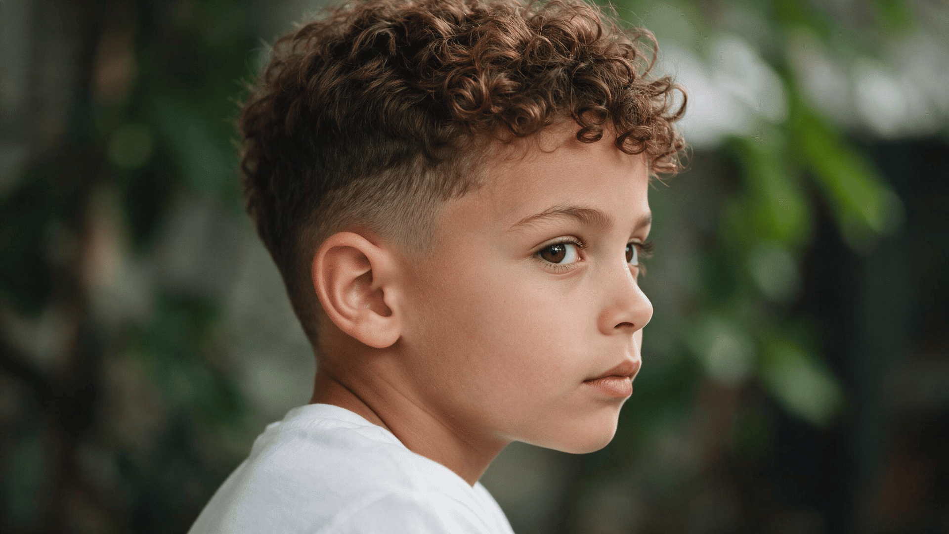mixed boy haircut with soft curly fringe over the forehead and neatly tapered sides