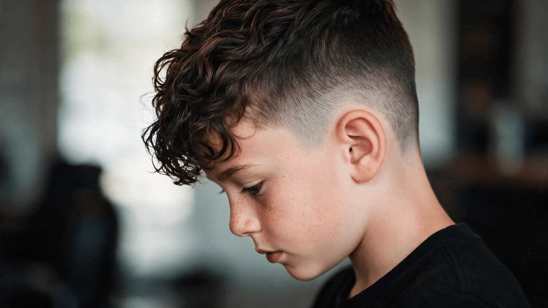 curly frohawk haircut with longer defined curls through the center and closely faded sides for contrast