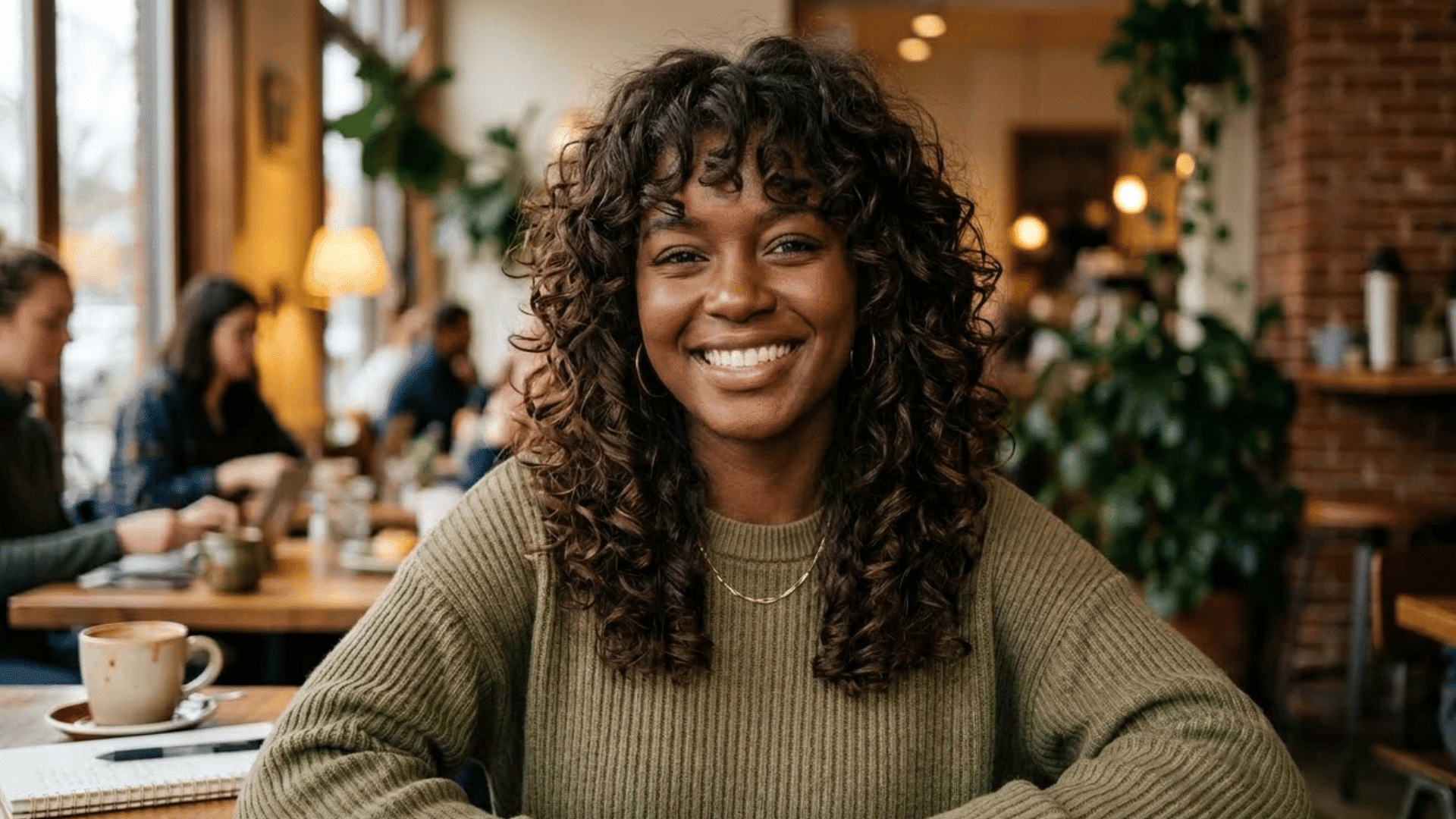 woman with heart shaped face wearing curly shag haircut with layered curls