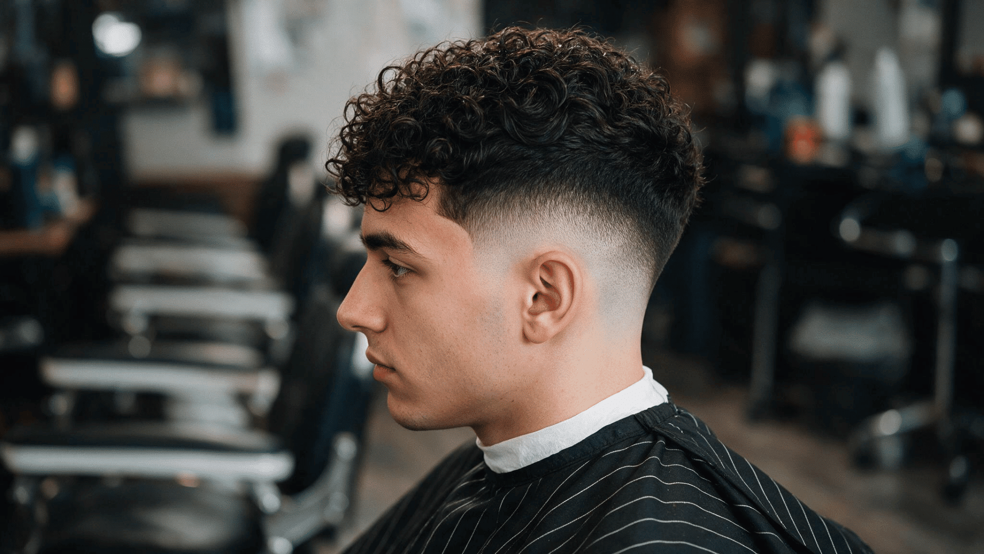 mixed boy haircut with defined curls on top and a clean low fade around the sides